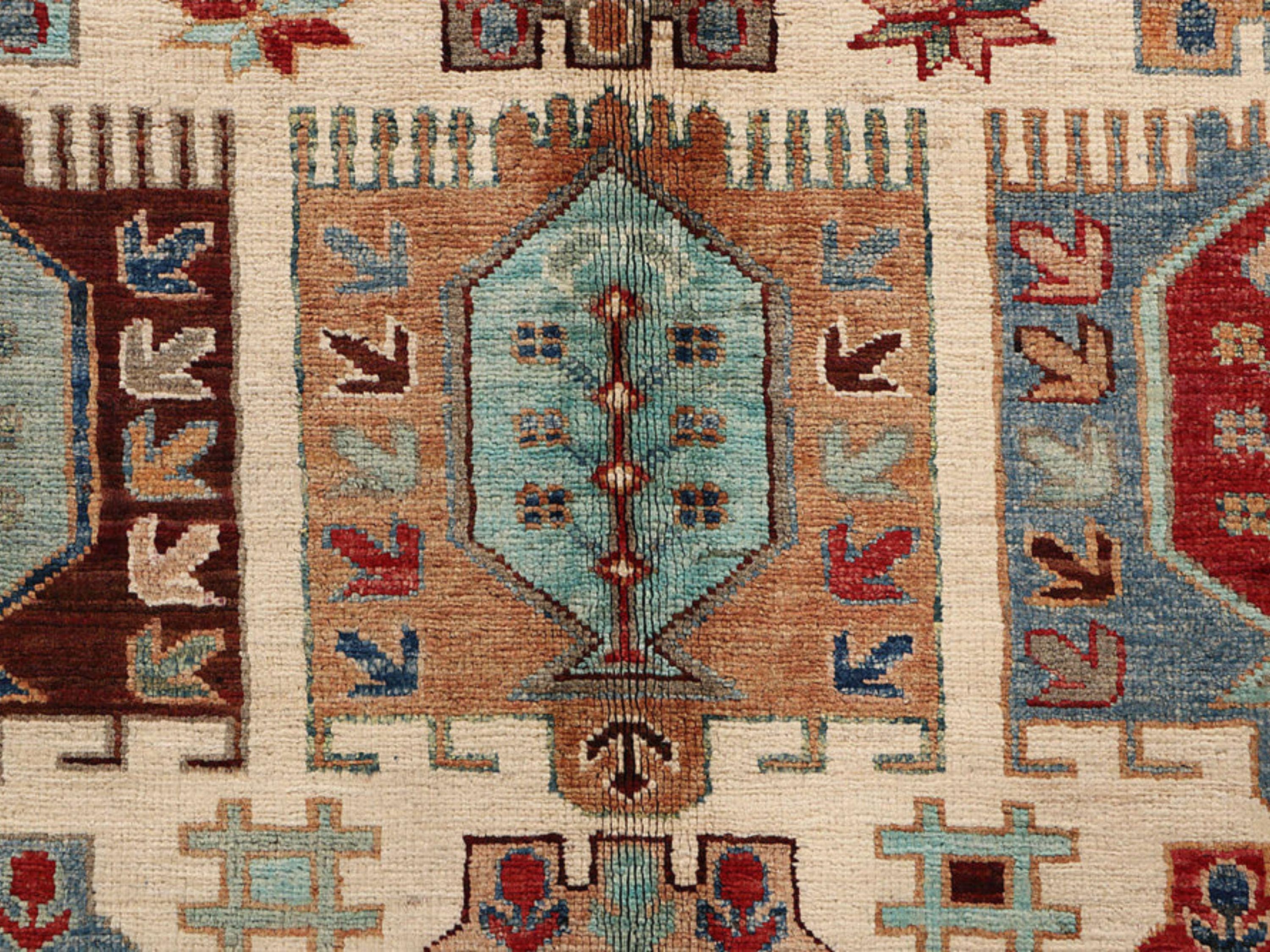 4x6 Persian Style Rug, Ivory Hand Knotted Wool Area Rug, Tribal Geometric Panel Medallion Living Room Bedroom Decor