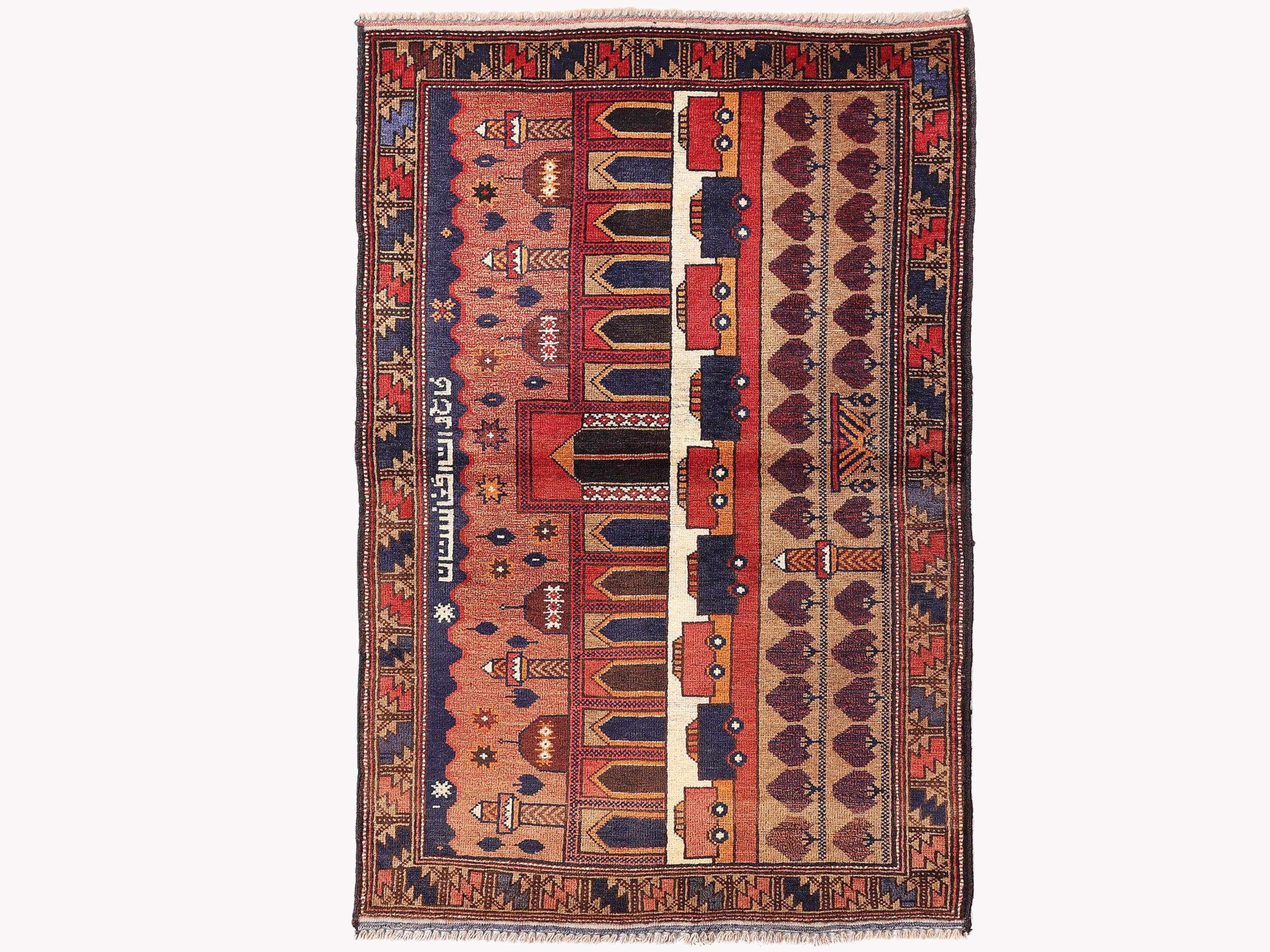 3x5 Figural Panel Woven Wall Hanging, Hand Knotted Wool Afghan Tapestry, Red Folk Art Textile Wall Art