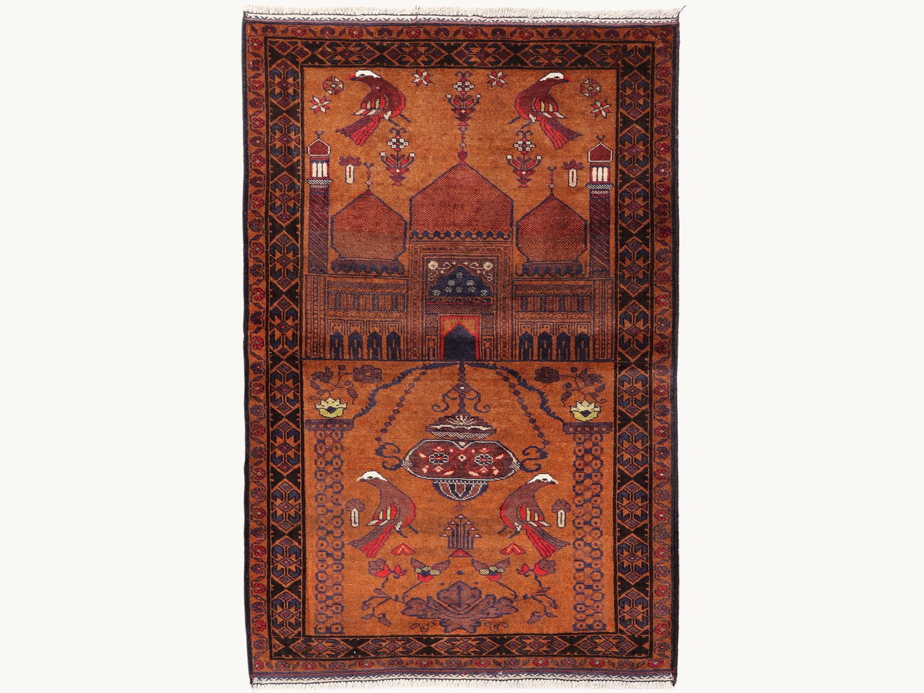3x5 Architectural Bird Motif Tapestry Wall Hanging Rug, Afghan Style Handmade Wool Textile Wall Art, Tribal Decor