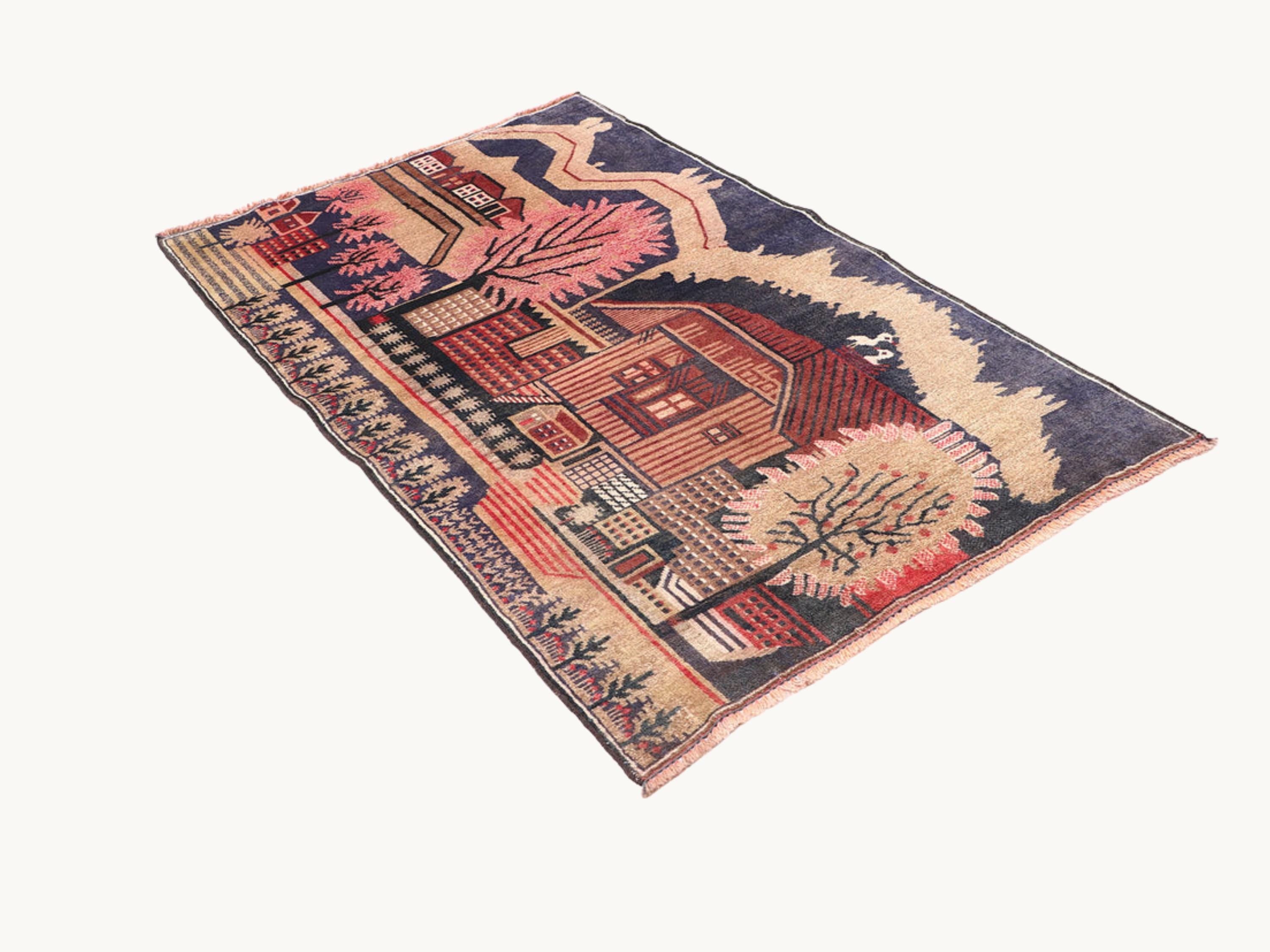 3x5 Mountain Landscape Tapestry Wall Hanging Rug, Afghan Style Handmade Wool Textile Wall Art, Folk Art Decor
