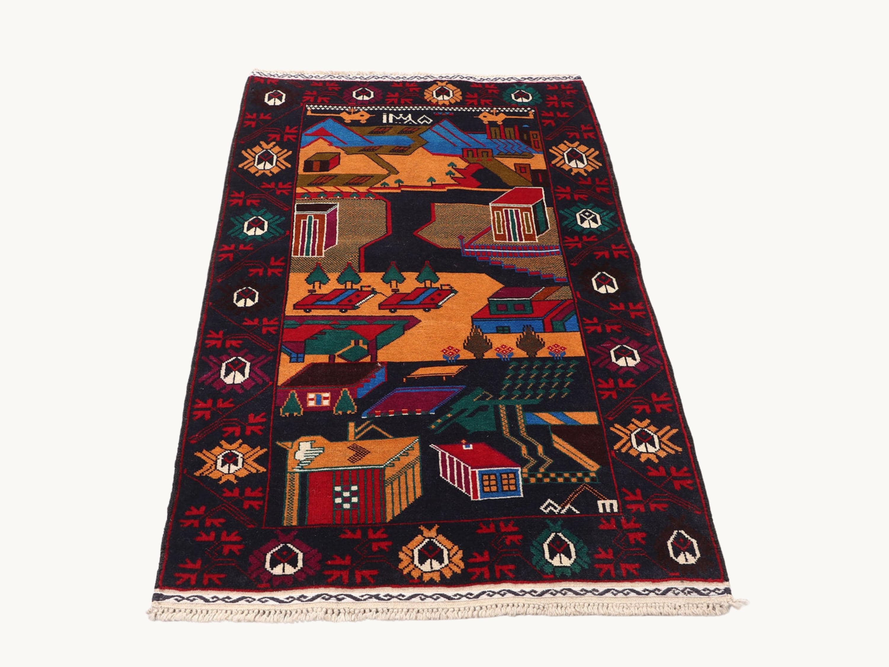 3x5 Landscape Tapestry Wall Hanging Rug, Afghan Style Handmade Wool Textile Wall Art, Folk Art Decor