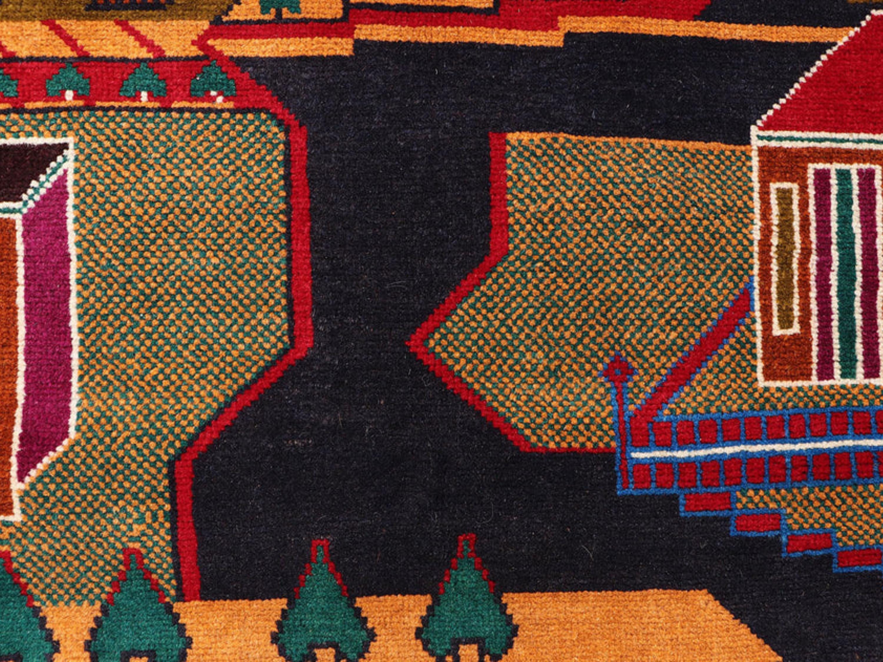 3x5 Landscape Tapestry Wall Hanging Rug, Afghan Style Handmade Wool Textile Wall Art, Folk Art Decor