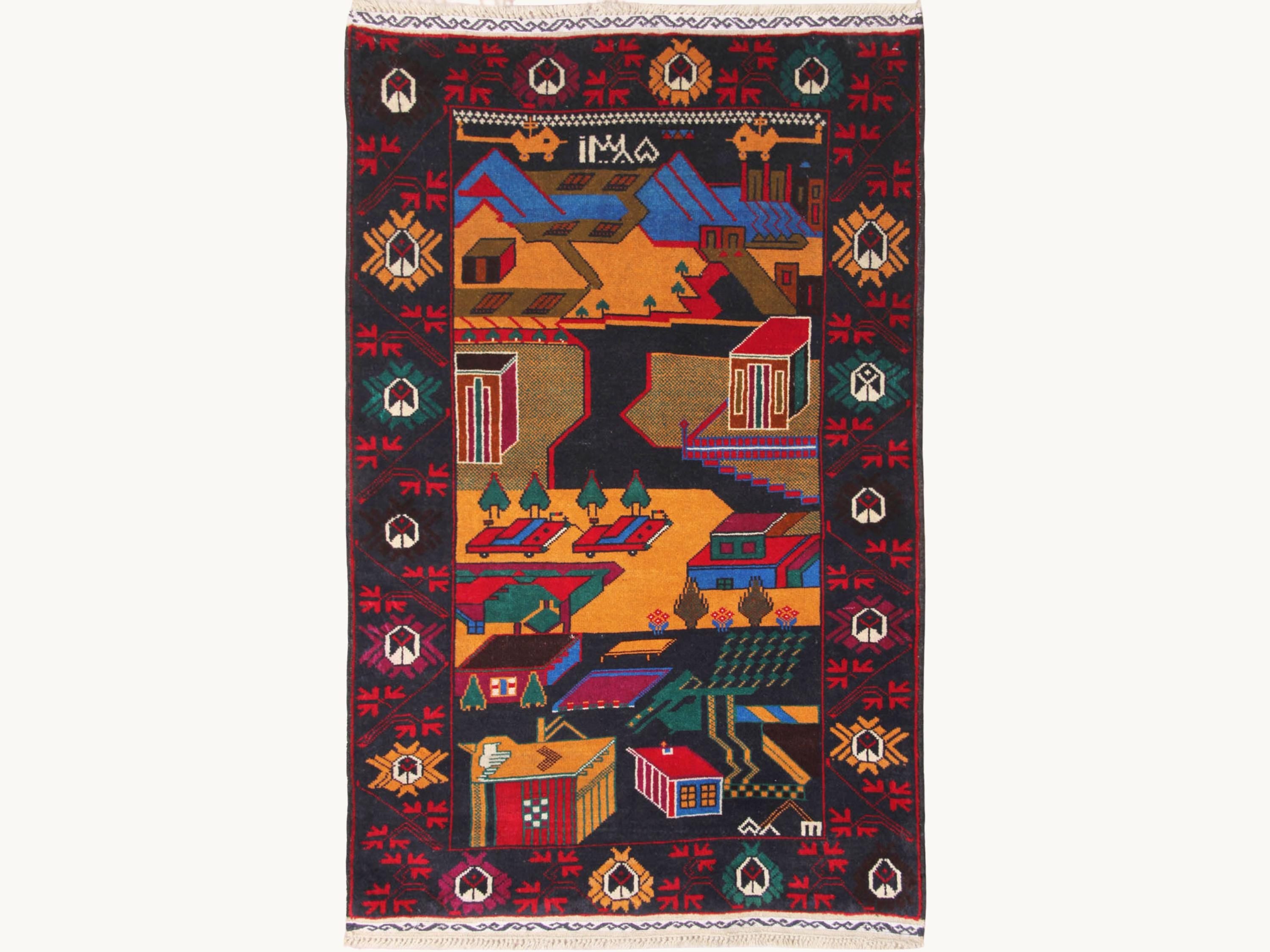 3x5 Landscape Tapestry Wall Hanging Rug, Afghan Style Handmade Wool Textile Wall Art, Folk Art Decor