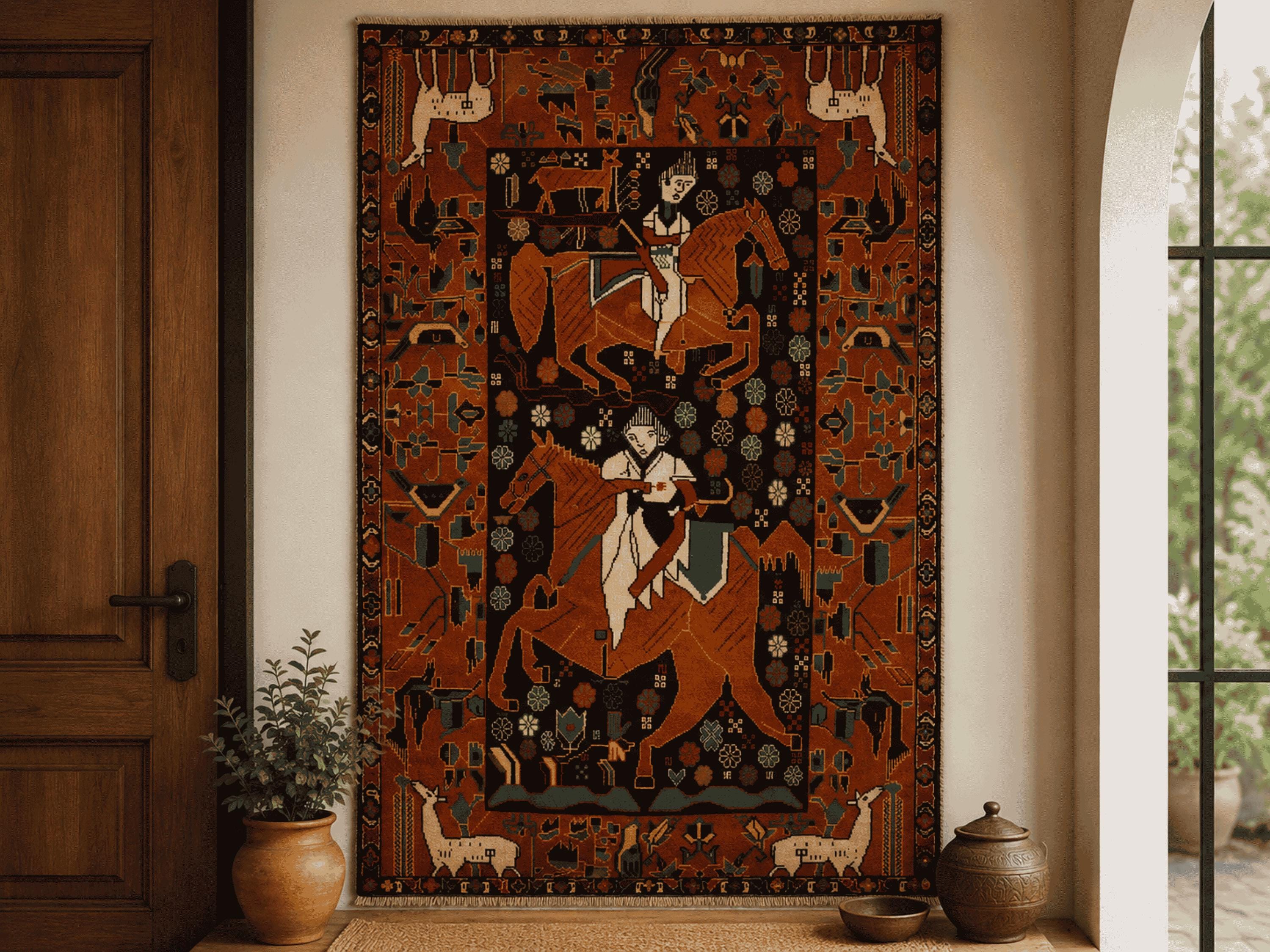 4x6 Tribal Folk Art Tapestry Wall Hanging, Afghan Style Handmade Wool Woven Wall Art, Large Statement Decor