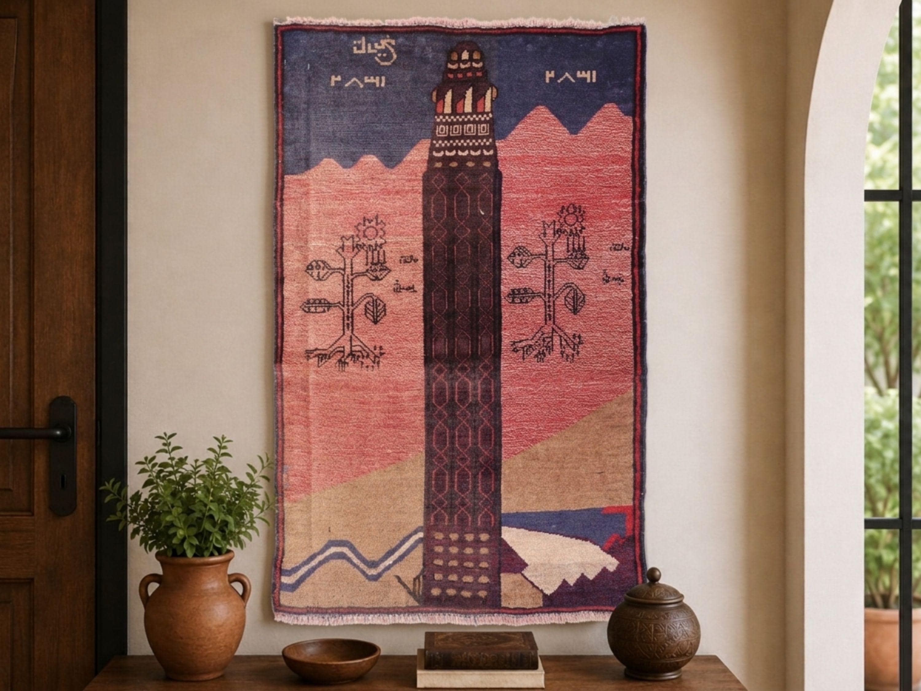 3x4 Landmark Tapestry Wall Hanging, Afghan Style Handmade Wool Woven Wall Art, Architectural Pictorial Folk Decor