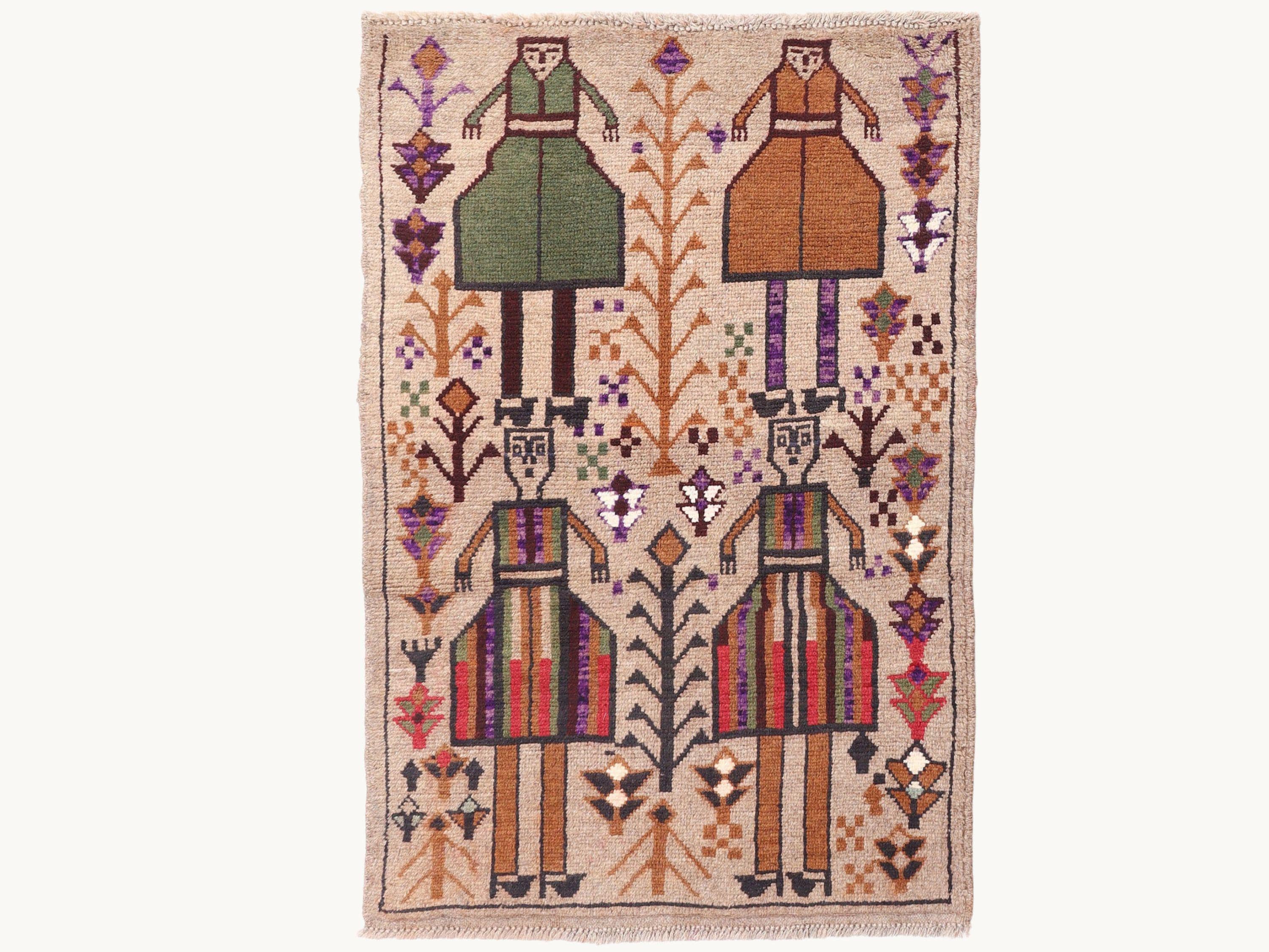 3x4 Artisan Figure Tapestry Wall Hanging Rug, Afghan Style Handmade Wool Textile Wall Art, Tribal Folk Art Decor