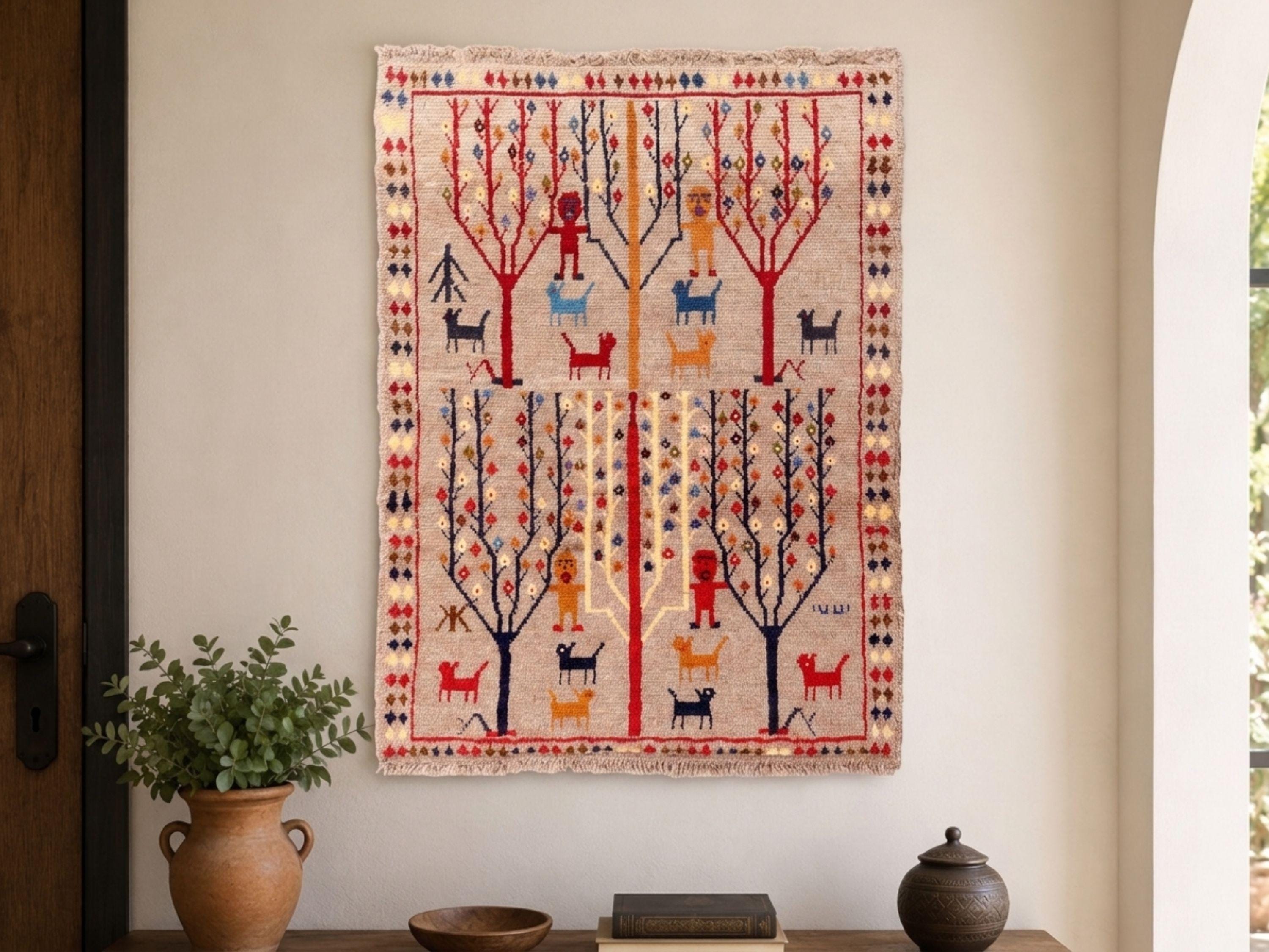 2.6x4 Tree of Life Tapestry Wall Hanging Rug, Afghan Style Handmade Wool Textile Wall Art, Tribal Folk Art Decor