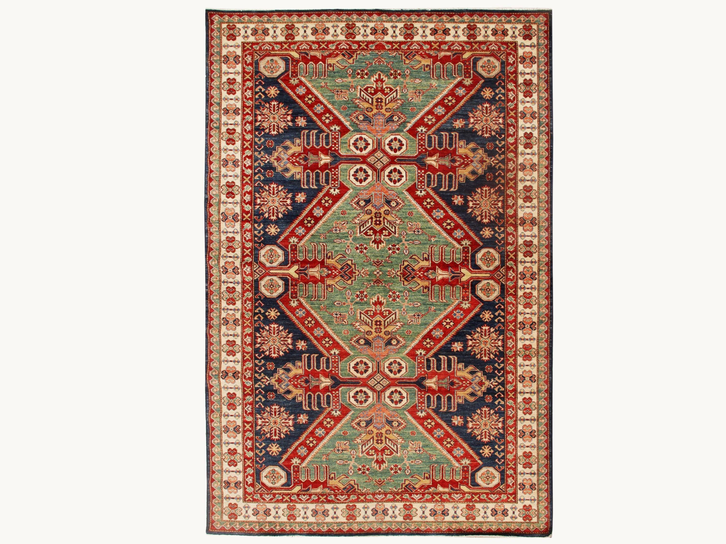 Handmade 6x9 Kazak Rug,  Wool Area Green Rug, Hand Knotted Tribal Rug, Geometric Oriental Rug