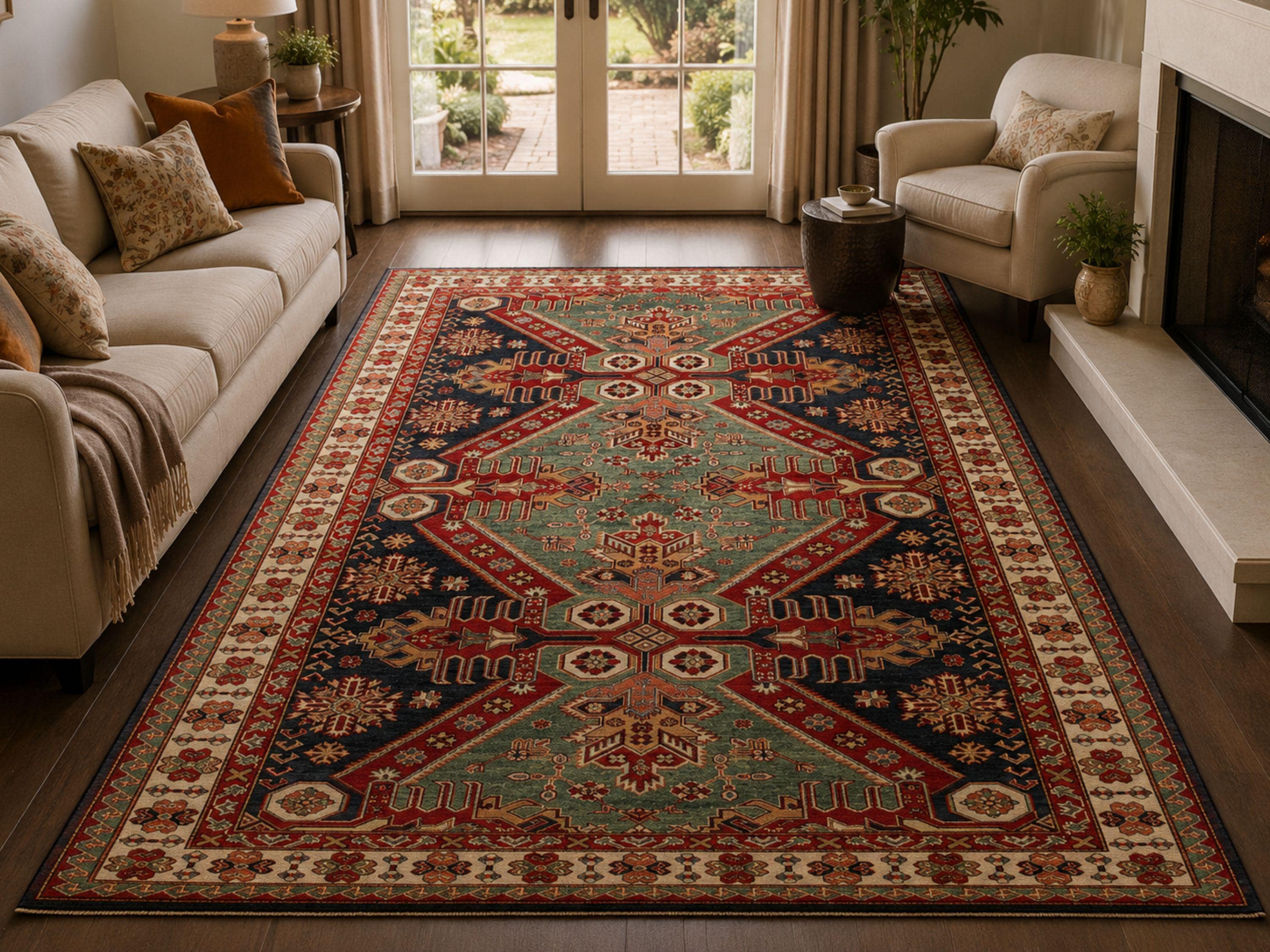 Handmade 6x9 Kazak Rug,  Wool Area Green Rug, Hand Knotted Tribal Rug, Geometric Oriental Rug