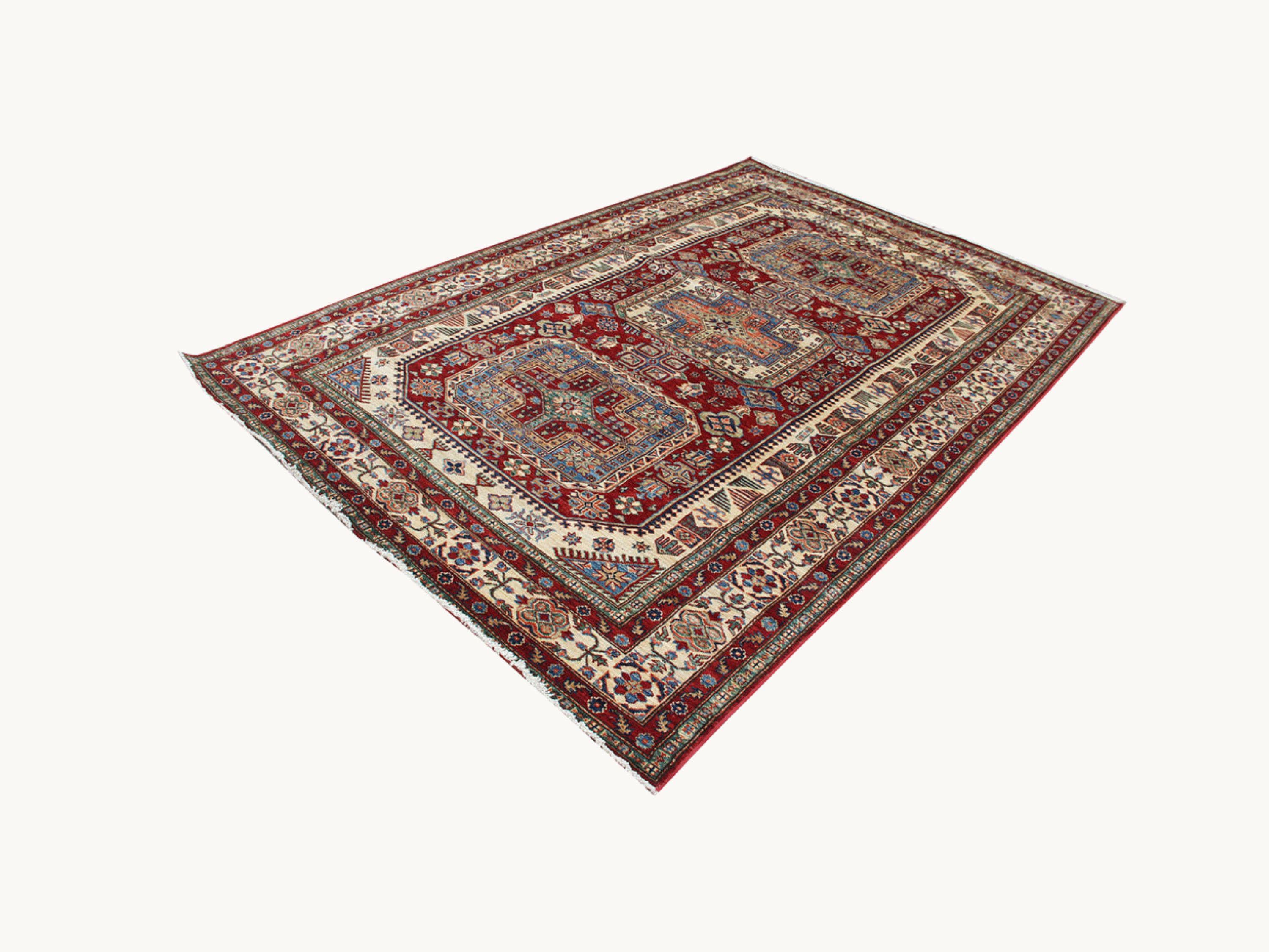 6x9 Kazak Rug, Handmade Red Wool Area Rug, Caucasian Tribal Geometric Carpet, Living Room Bedroom Decor