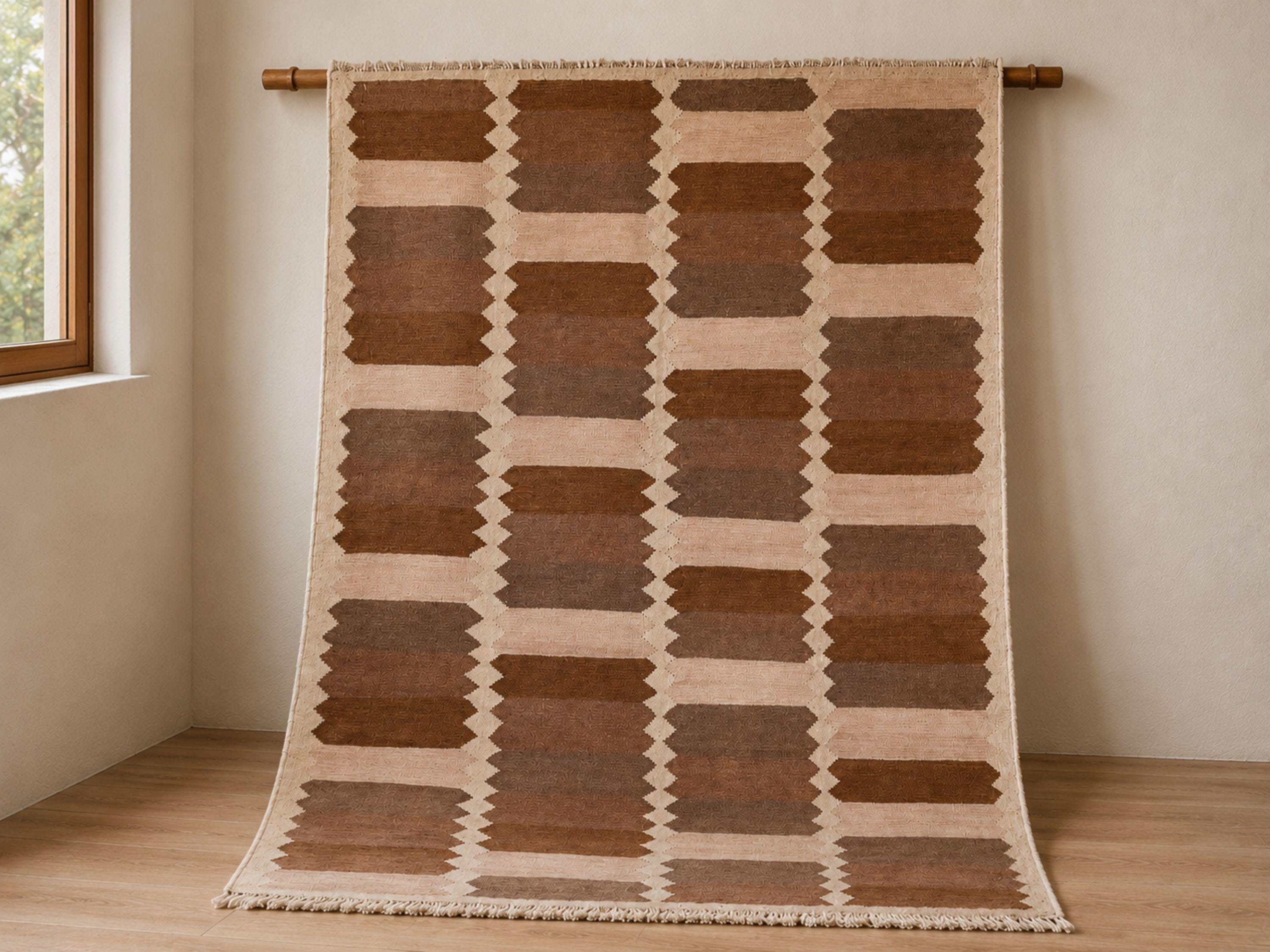 5x7 Kilim Rug, Handmade Flatweave Wool Area Rug in Terracotta and Ivory, Afghan Tribal Abstract Living Room Decor