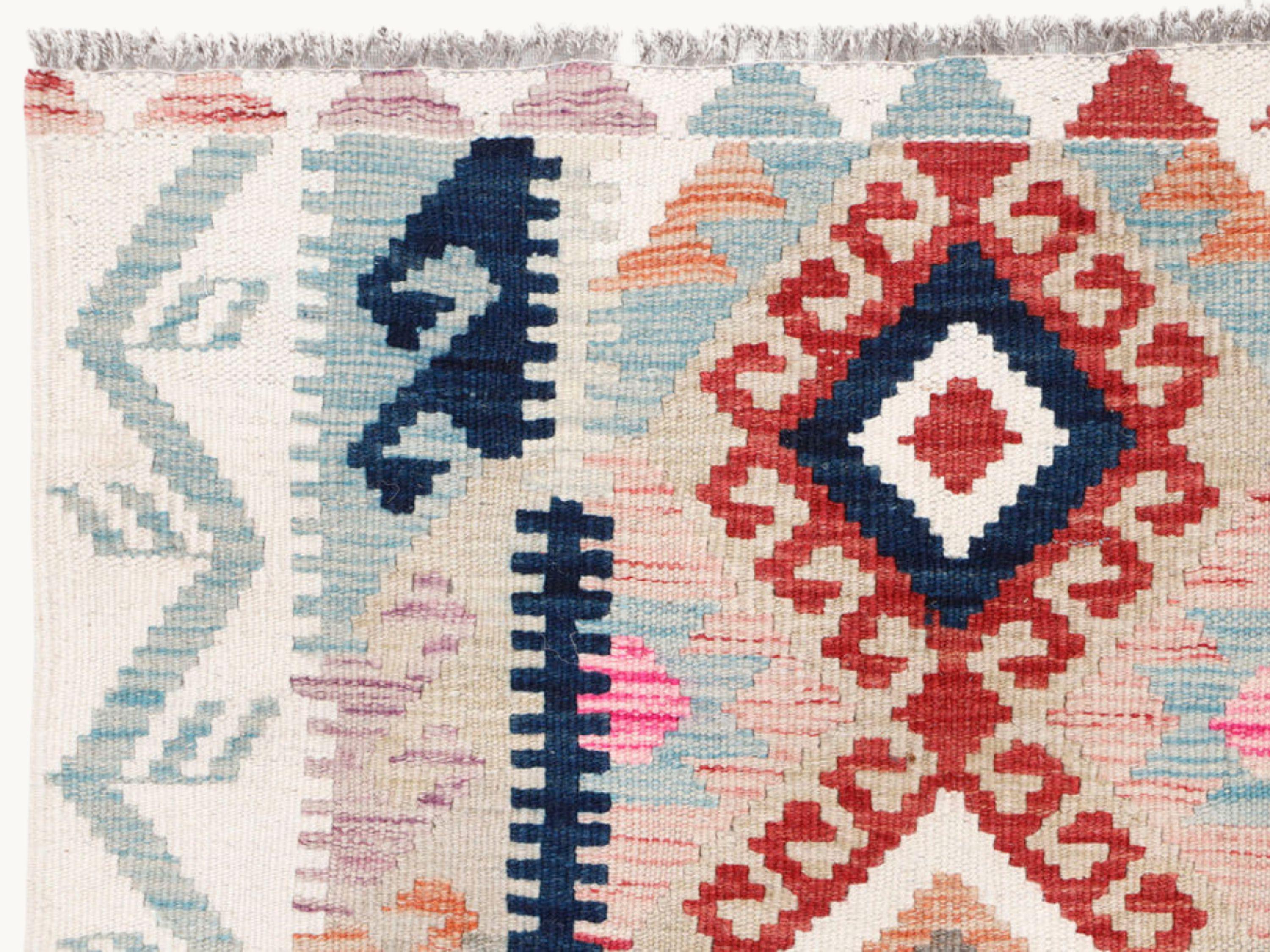 3x5 Kilim Rug, Handmade Wool Flatweave Accent Rug in Rust and Navy, Afghan Tribal Diamond Entryway Decor