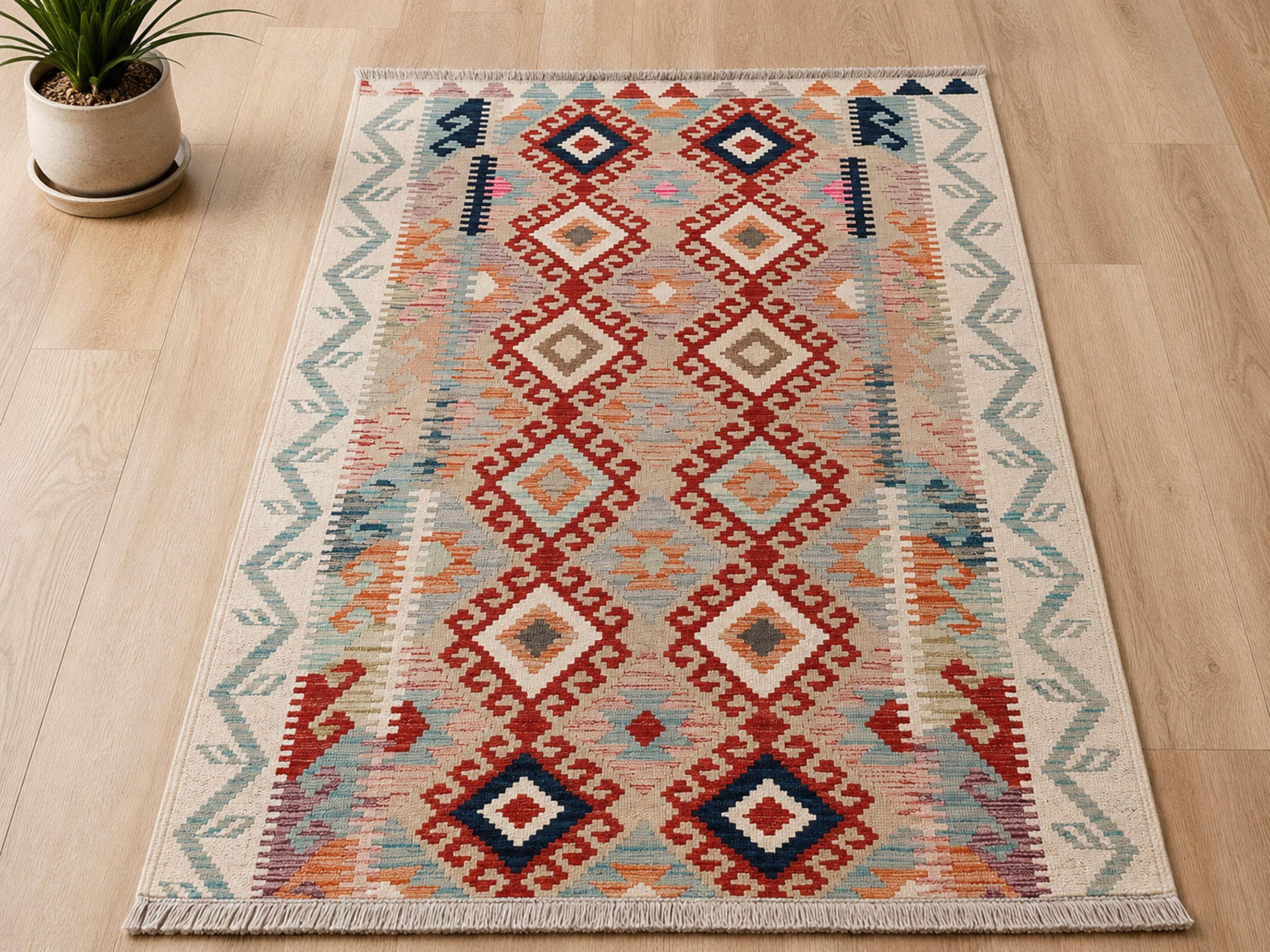 3x5 Kilim Rug, Handmade Wool Flatweave Accent Rug in Rust and Navy, Afghan Tribal Diamond Entryway Decor