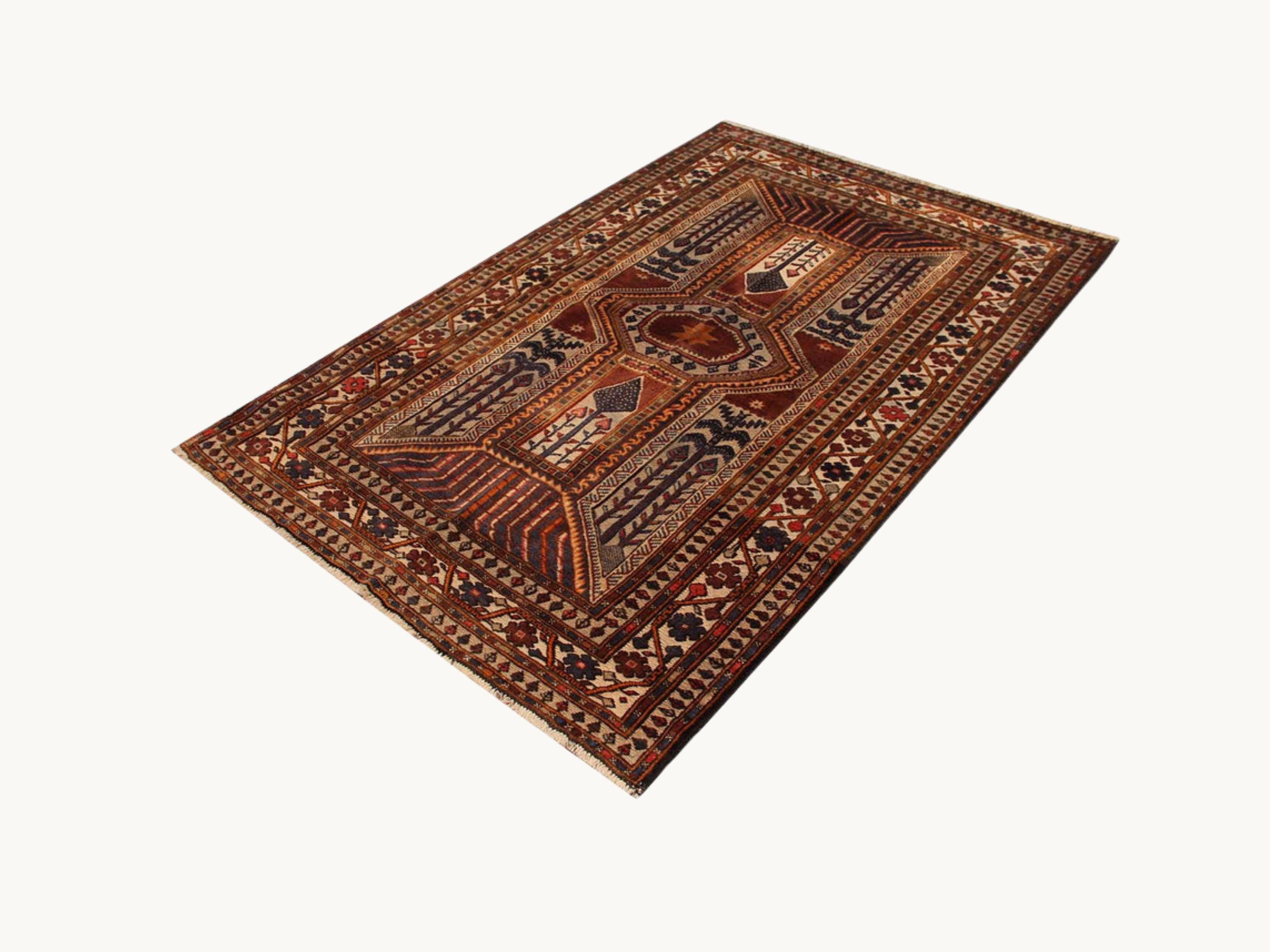 Handmade Berjista Wool Rug, 4x6 Brown Tribal Geometric Area Rug, Living Room Bedroom Decor