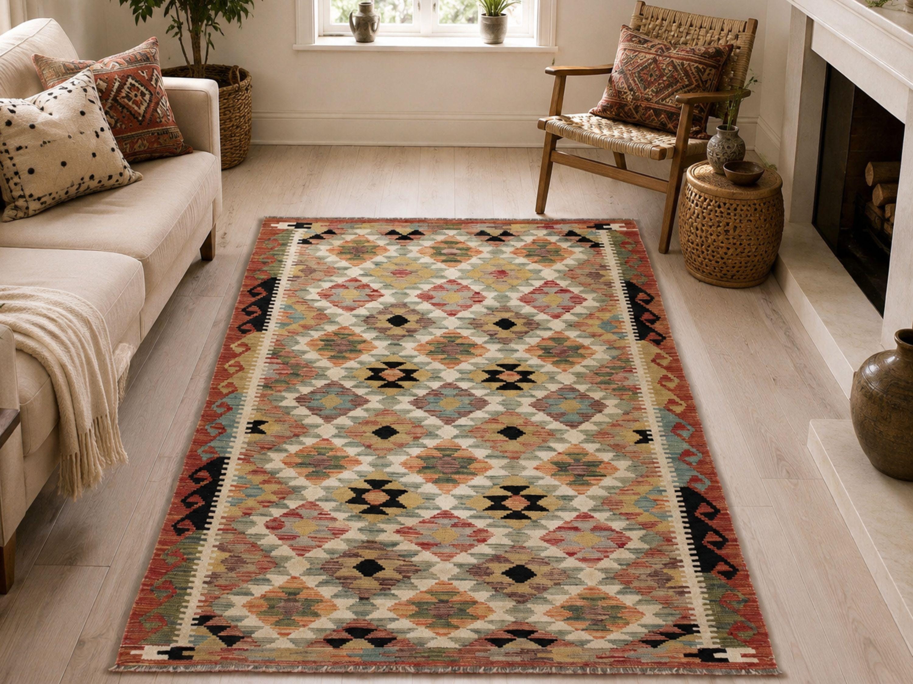 4x6 Geometric Wool Rug, Handmade Hand Knotted Diamond Pattern Area Rug, Tribal Boho Carpet