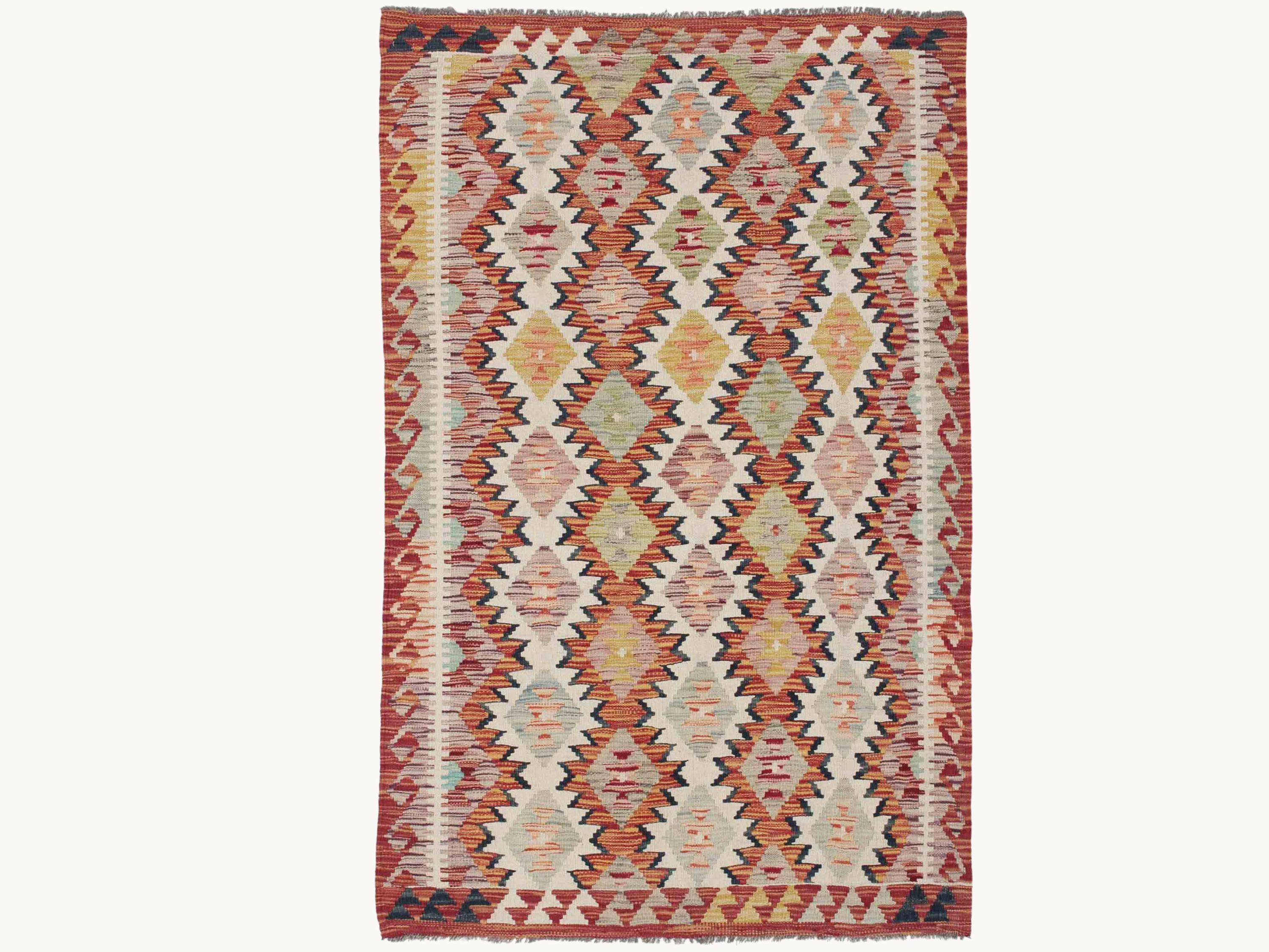 4x6 Diamond Pattern Wool Rug, Handmade Hand Knotted Tribal Area Rug, Geometric Boho Carpet