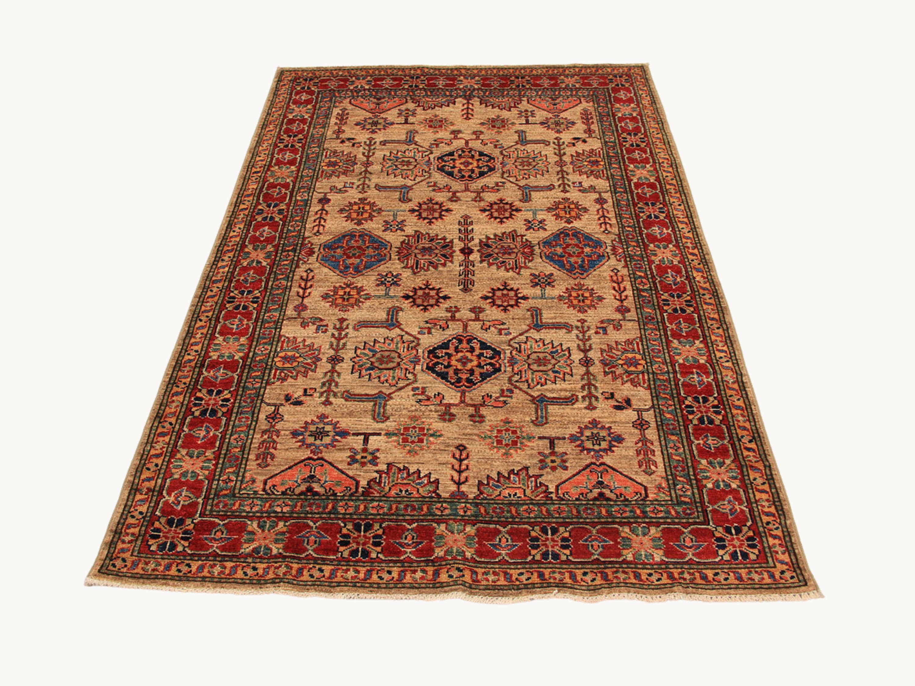 4x6 Geometric Tribal Kazak Rug, Caucasian Hand Knotted Wool Area Rug, Ivory Bedroom Decor