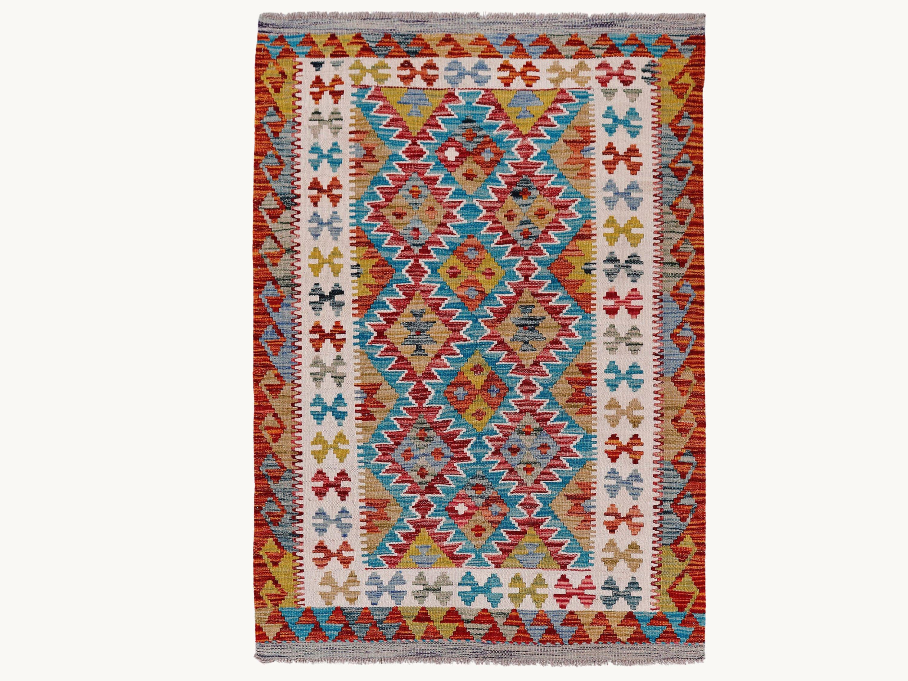 3x5 Colorful Kilim Rug, Handmade Wool Flatweave Area Rug in Red Teal and Gold, Afghan Tribal Geometric Living Room Decor