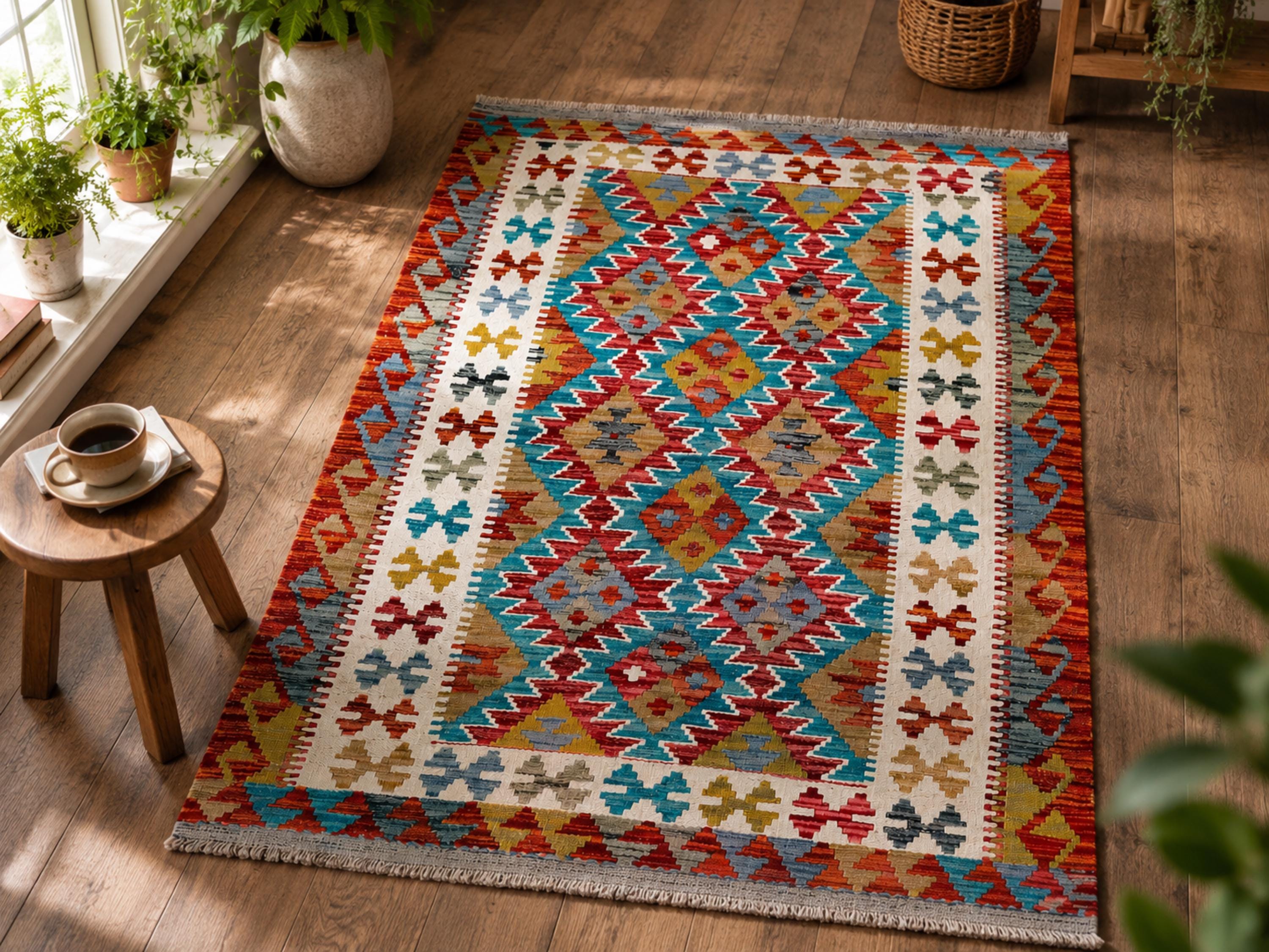 3x5 Colorful Kilim Rug, Handmade Wool Flatweave Area Rug in Red Teal and Gold, Afghan Tribal Geometric Living Room Decor