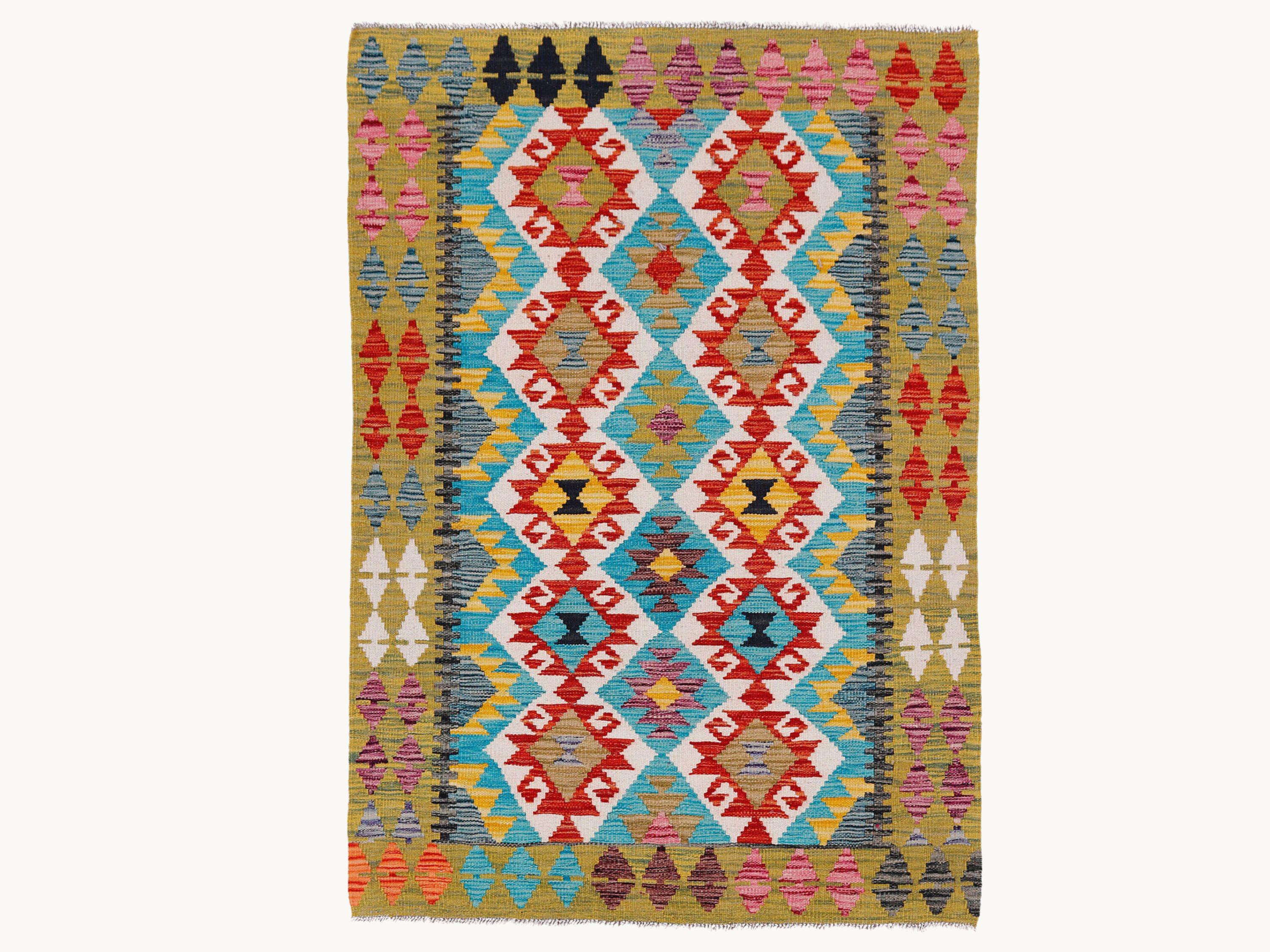 3x5 Olive Green Kilim Rug, Handmade Wool Flatweave Area Rug, Afghan Tribal Diamond Multicolor Dining Room Decor