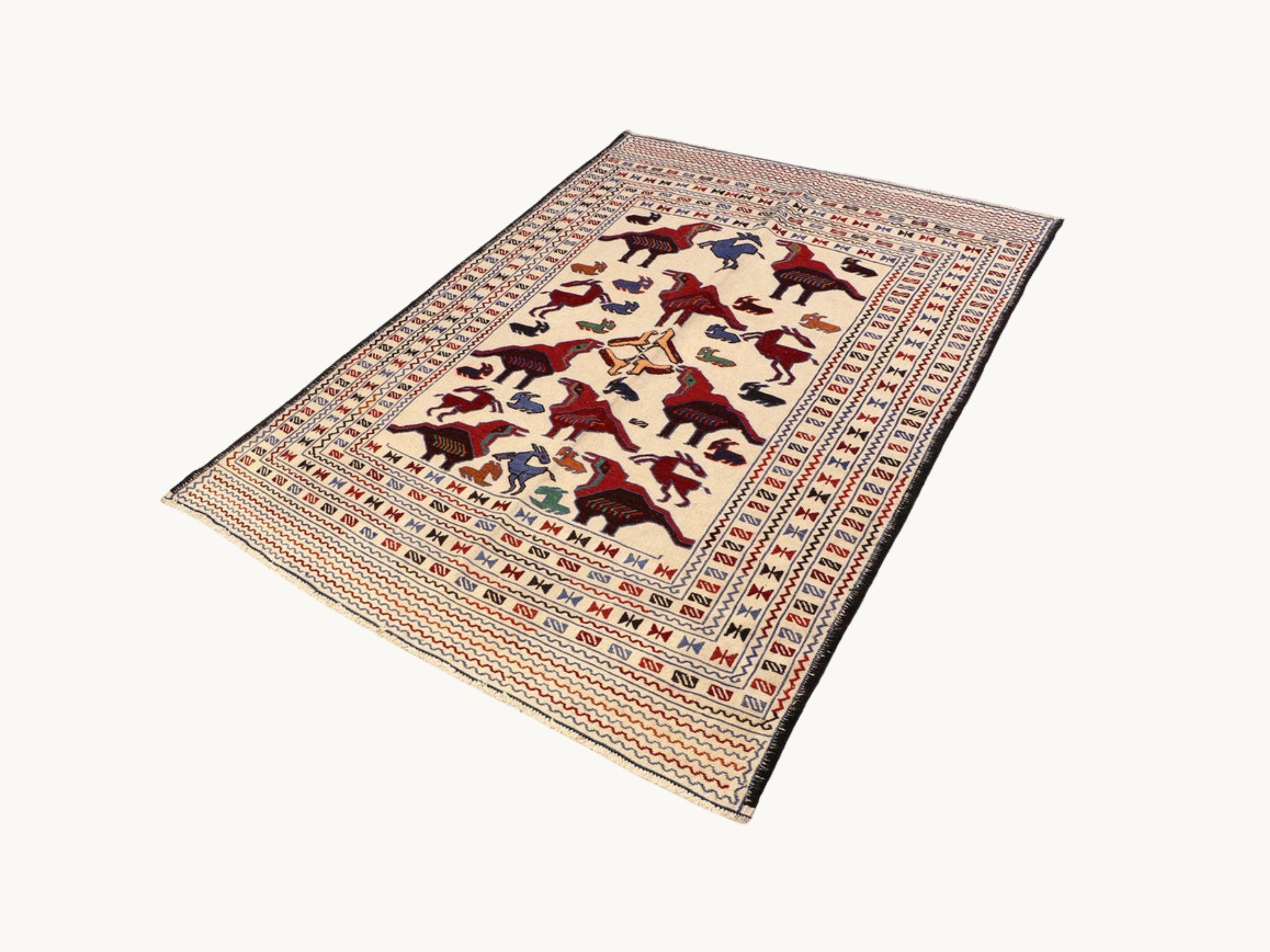 4x6 Afghan Wool Rug, Ivory Hand Knotted Tribal Area Rug, Animal Motif Geometric Carpet