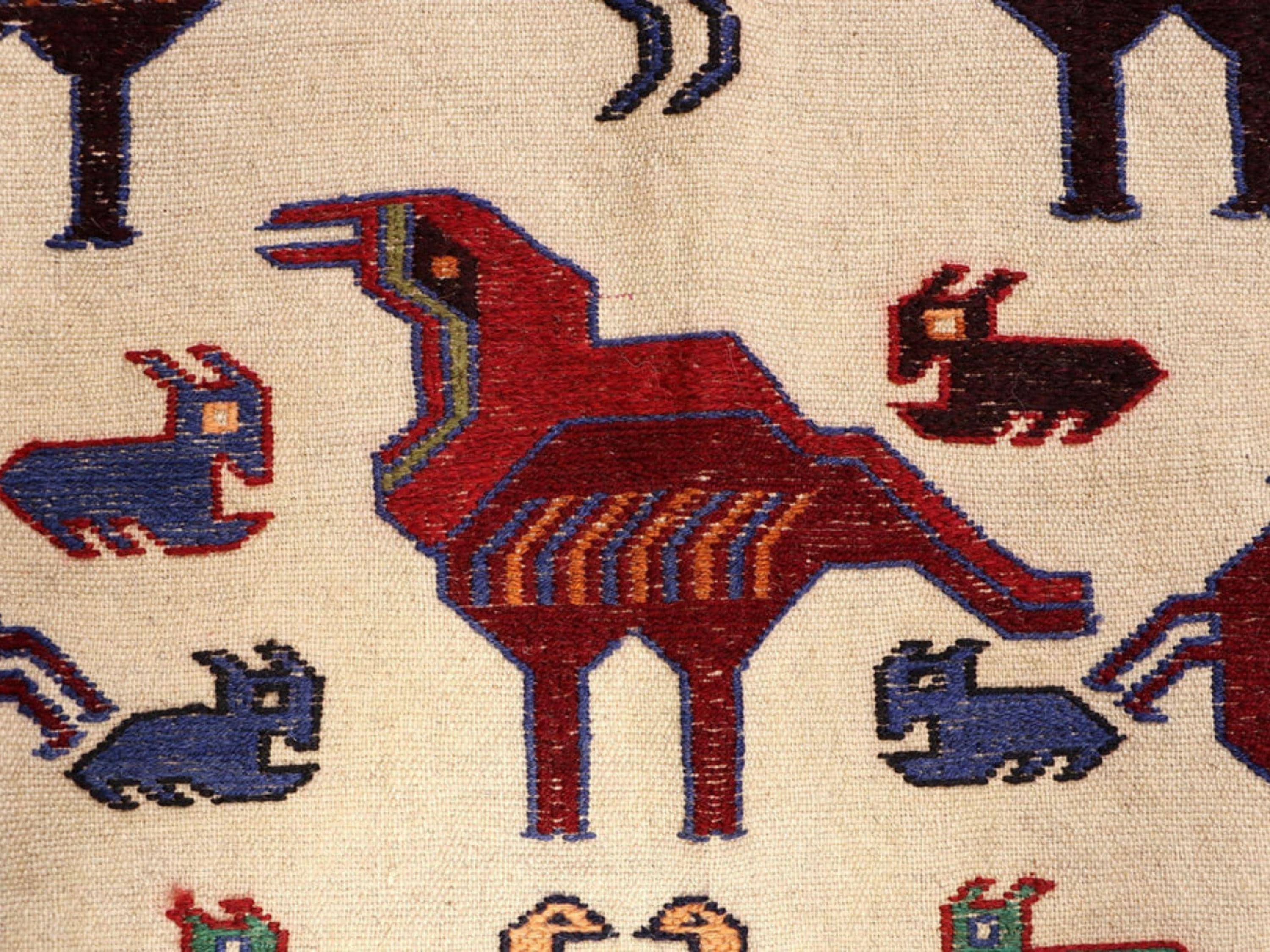 4x6 Afghan Wool Rug, Ivory Hand Knotted Tribal Area Rug, Animal Motif Geometric Carpet