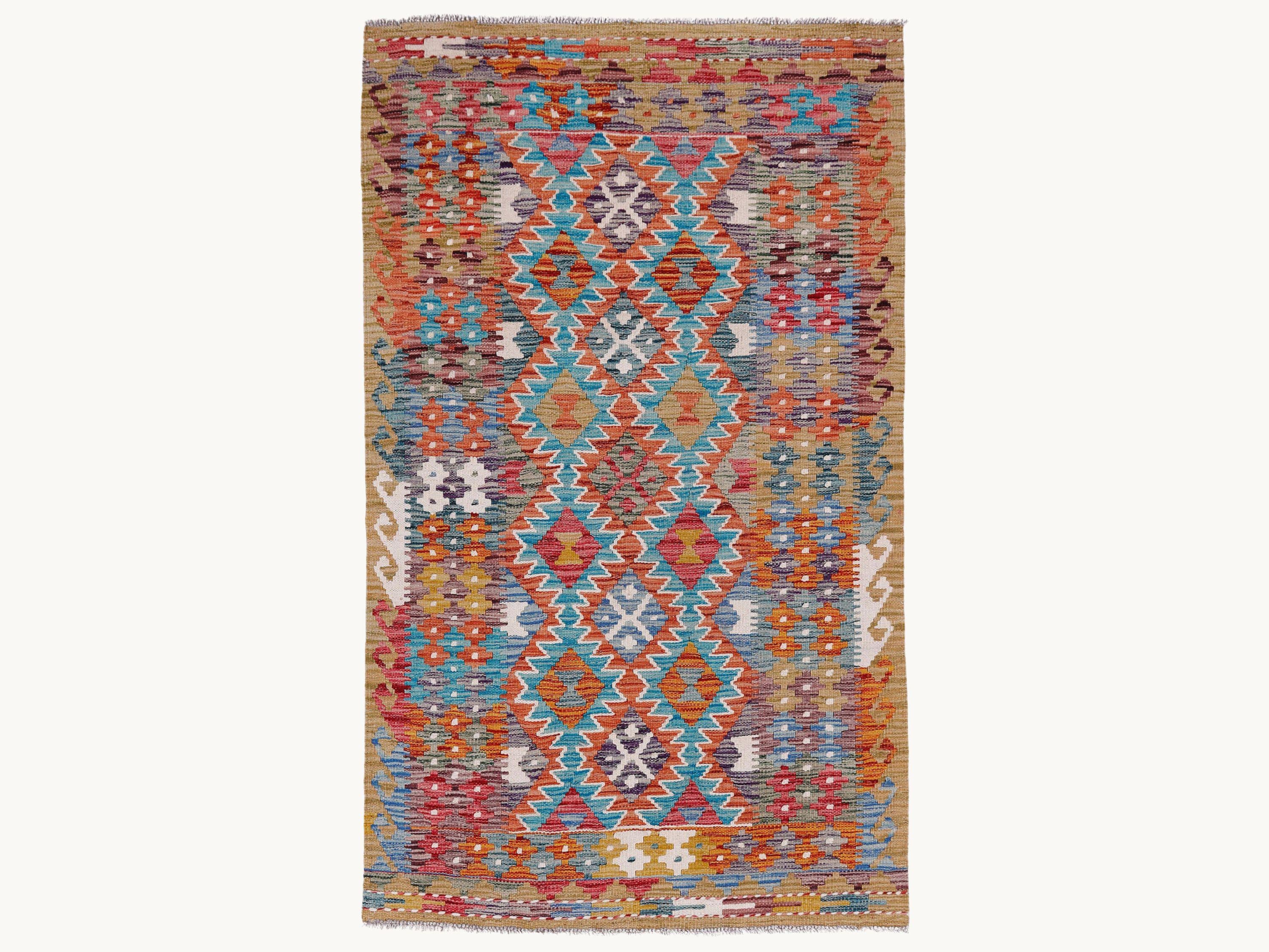 3x5 Terracotta Kilim Rug, Handmade Wool Flatweave Small Area Rug, Afghan Tribal Diamond Coral Teal Decor