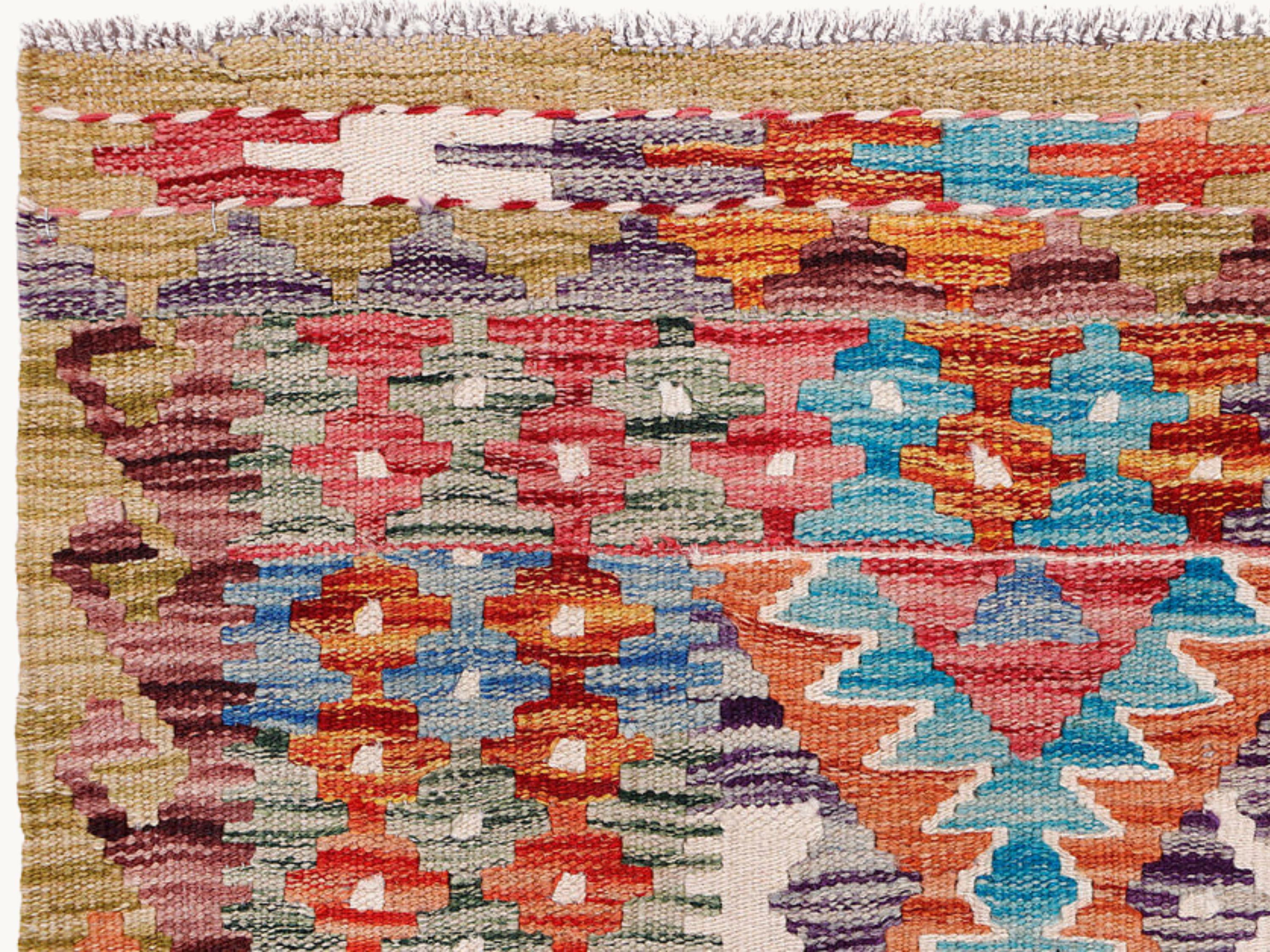 3x5 Terracotta Kilim Rug, Handmade Wool Flatweave Small Area Rug, Afghan Tribal Diamond Coral Teal Decor