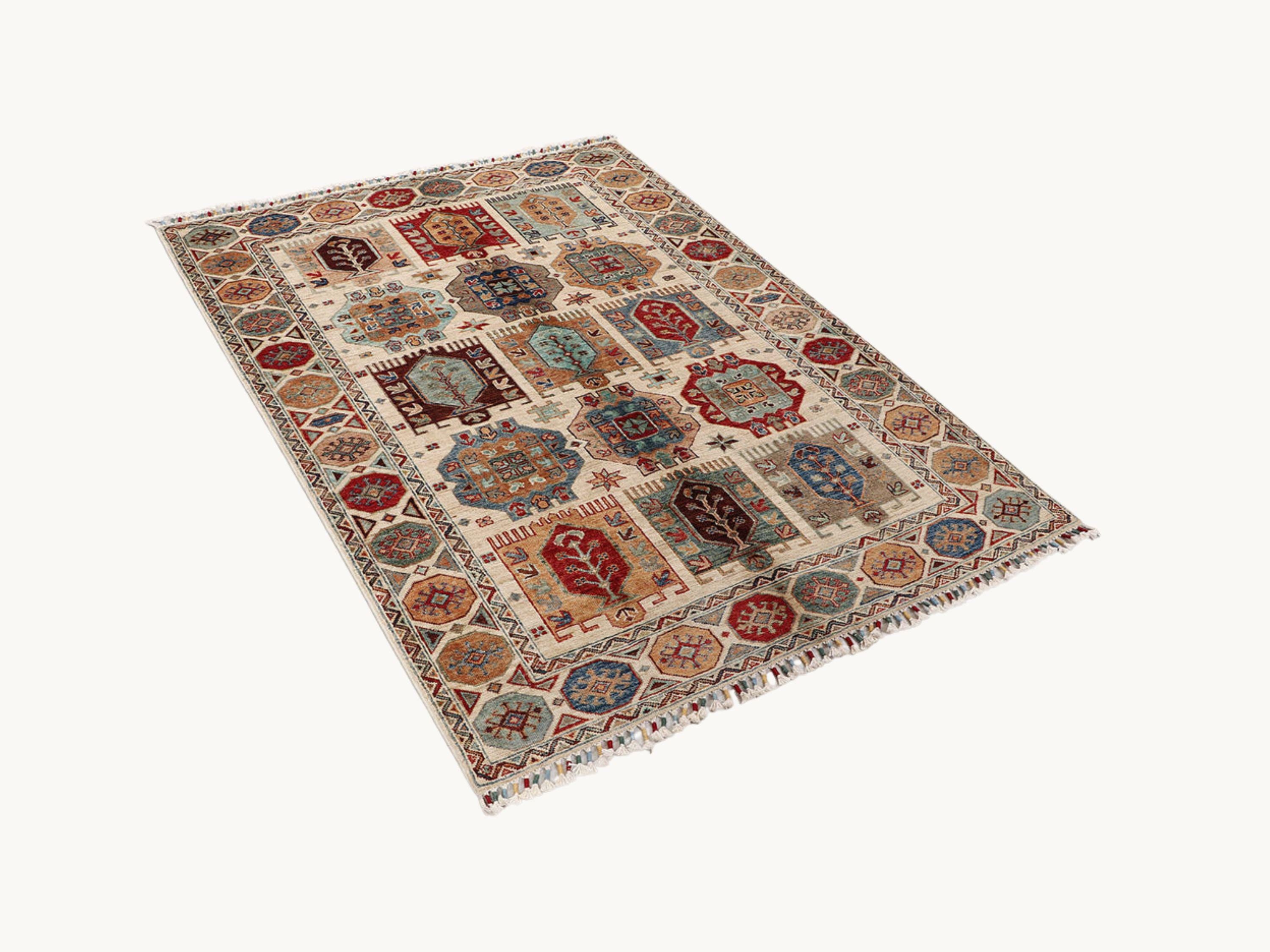 4x6 Ivory Persian Style Hand Knotted Wool Rug | Tribal Medallion Area Decor