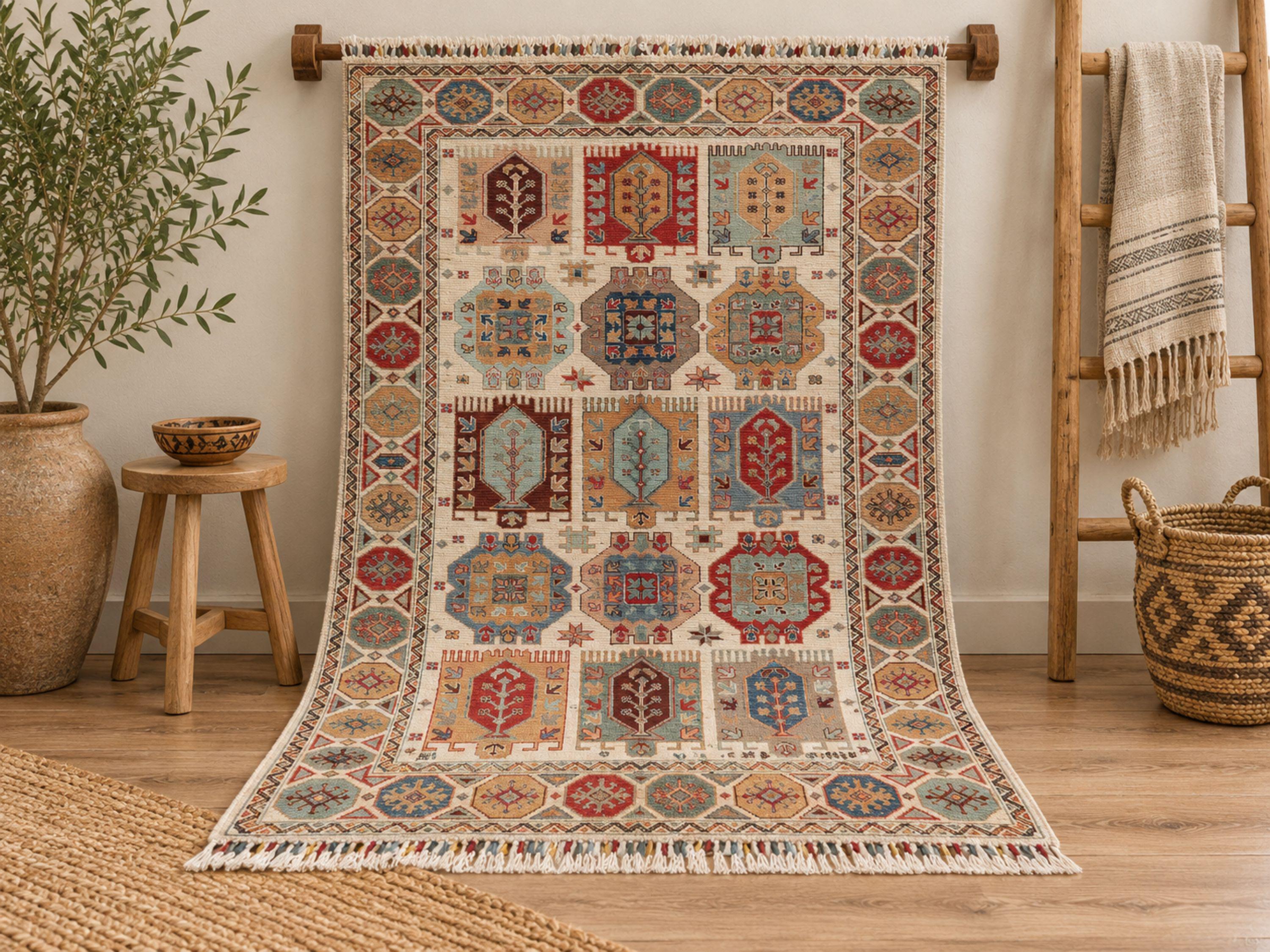 4x6 Persian Style Rug, Ivory Hand Knotted Wool Area Rug, Tribal Geometric Panel Medallion Living Room Bedroom Decor