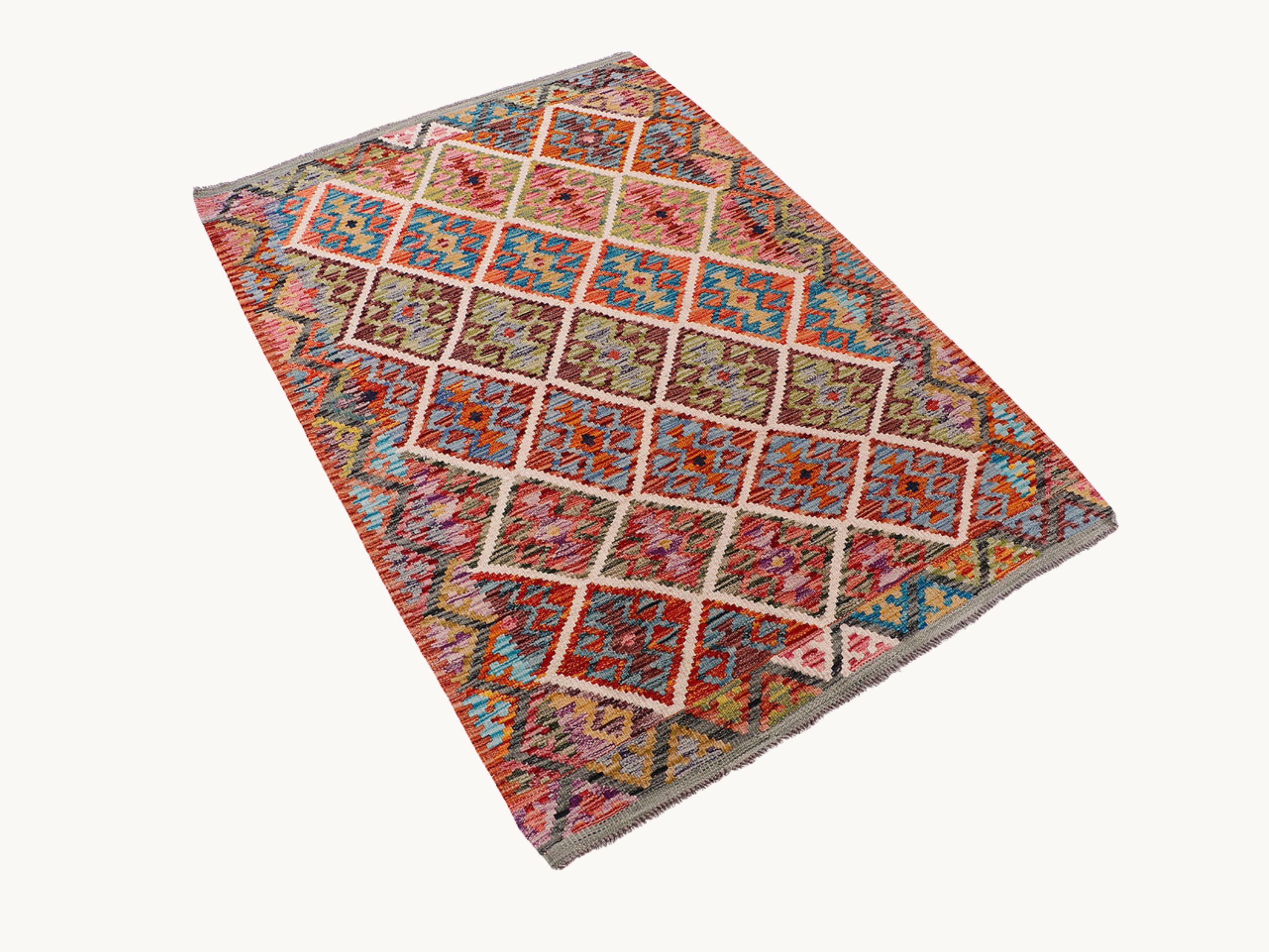 3x5 Afghan Kilim Rug, Handmade Wool Flatweave Area Rug, Natural Veggie Dye Multicolor Geometric Boho Entryway Kitchen Decor