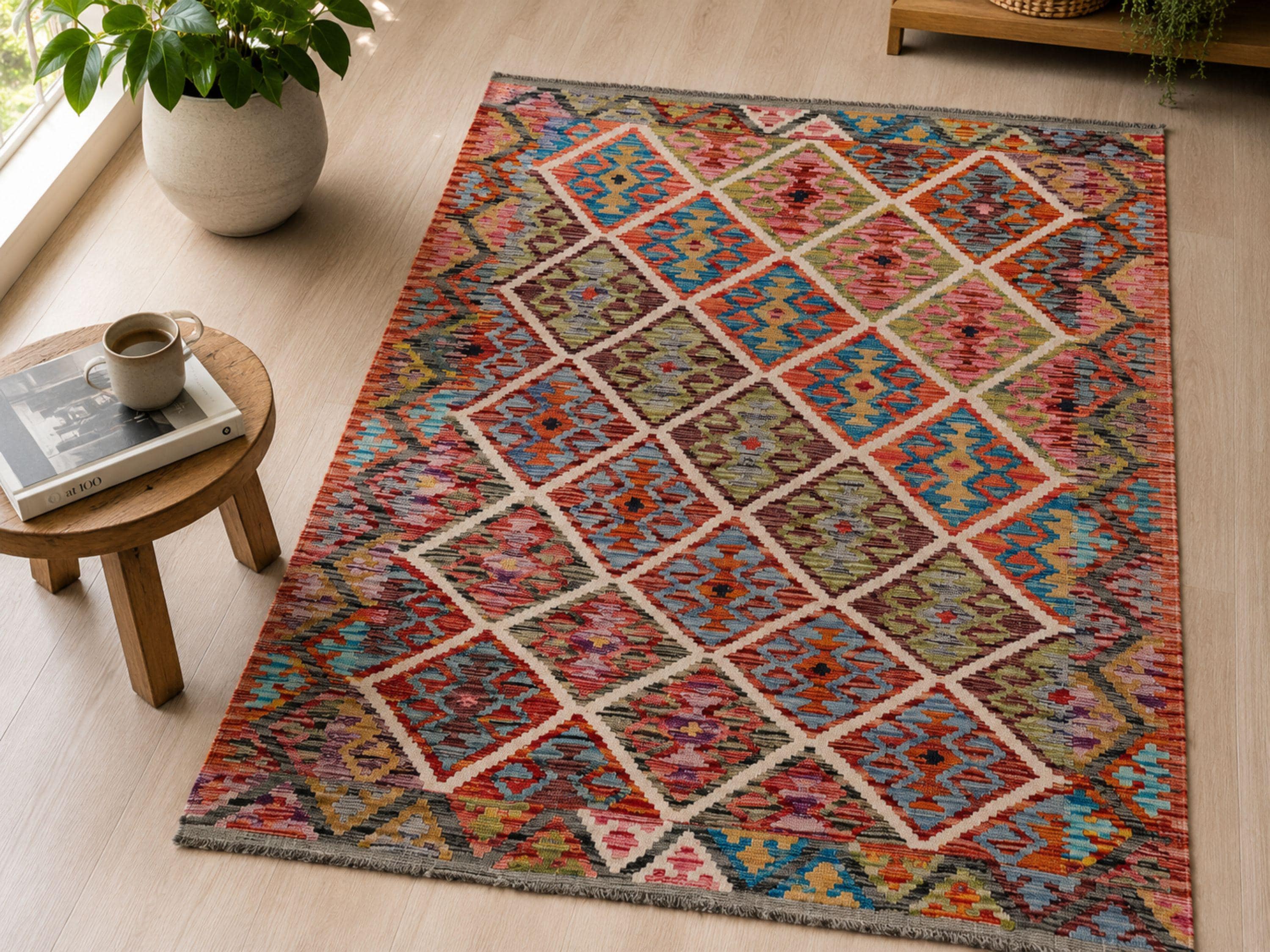 3x5 Afghan Kilim Rug, Handmade Wool Flatweave Area Rug, Natural Veggie Dye Multicolor Geometric Boho Entryway Kitchen Decor