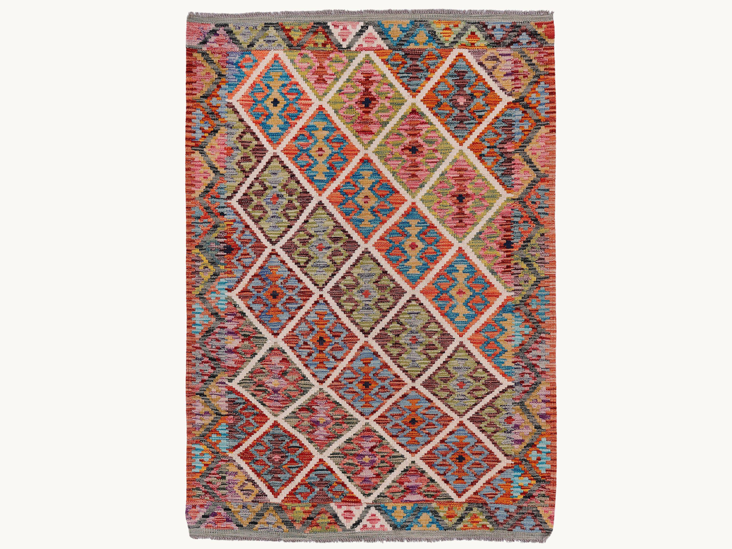 3x5 Afghan Kilim Rug, Handmade Wool Flatweave Area Rug, Natural Veggie Dye Multicolor Geometric Boho Entryway Kitchen Decor