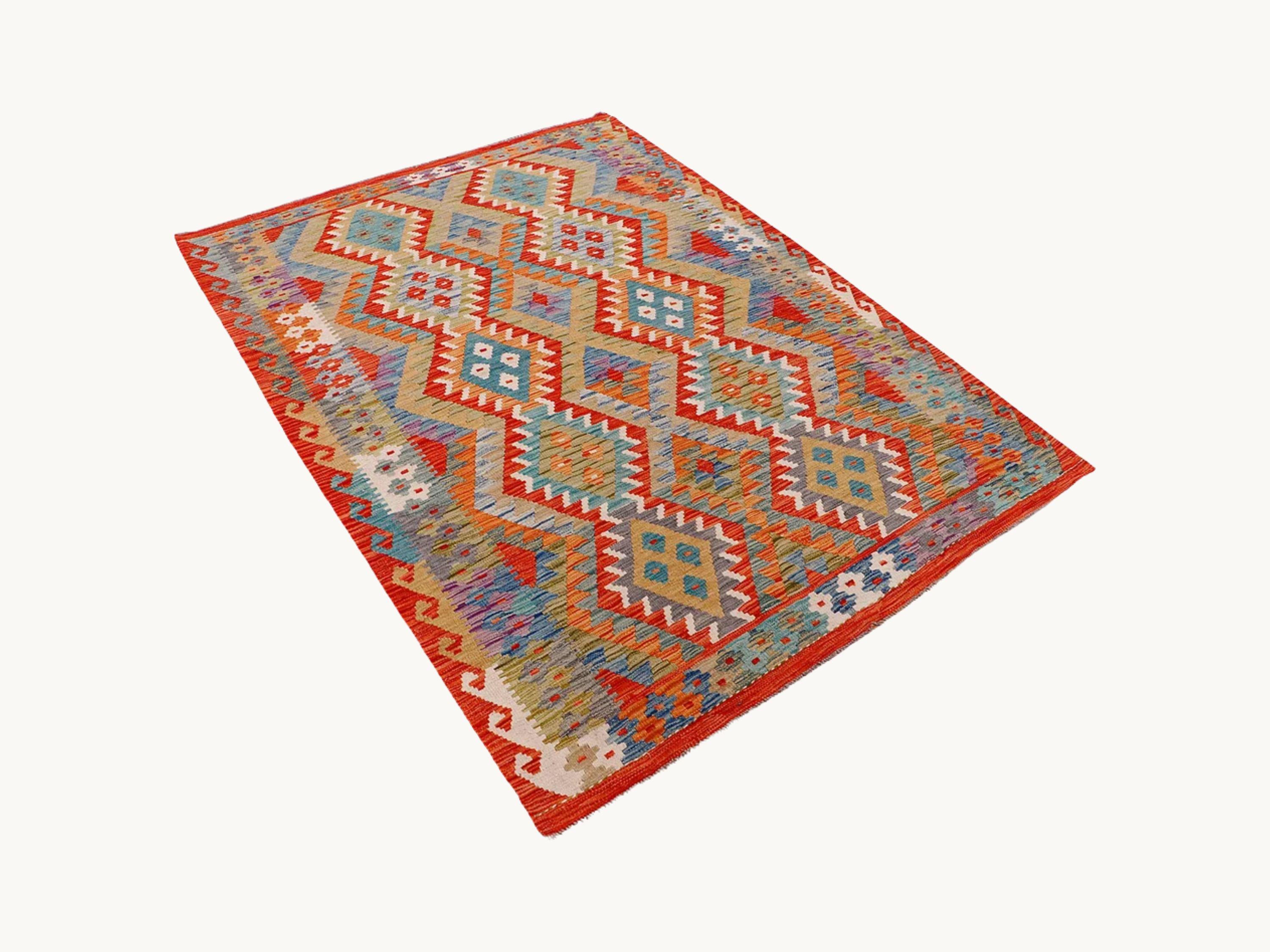 5x7 Kilim Rug, Handwoven Afghan Wool Area Rug, Natural Veggie Dye Multicolor Diamond Bohemian Living Room Bedroom Decor