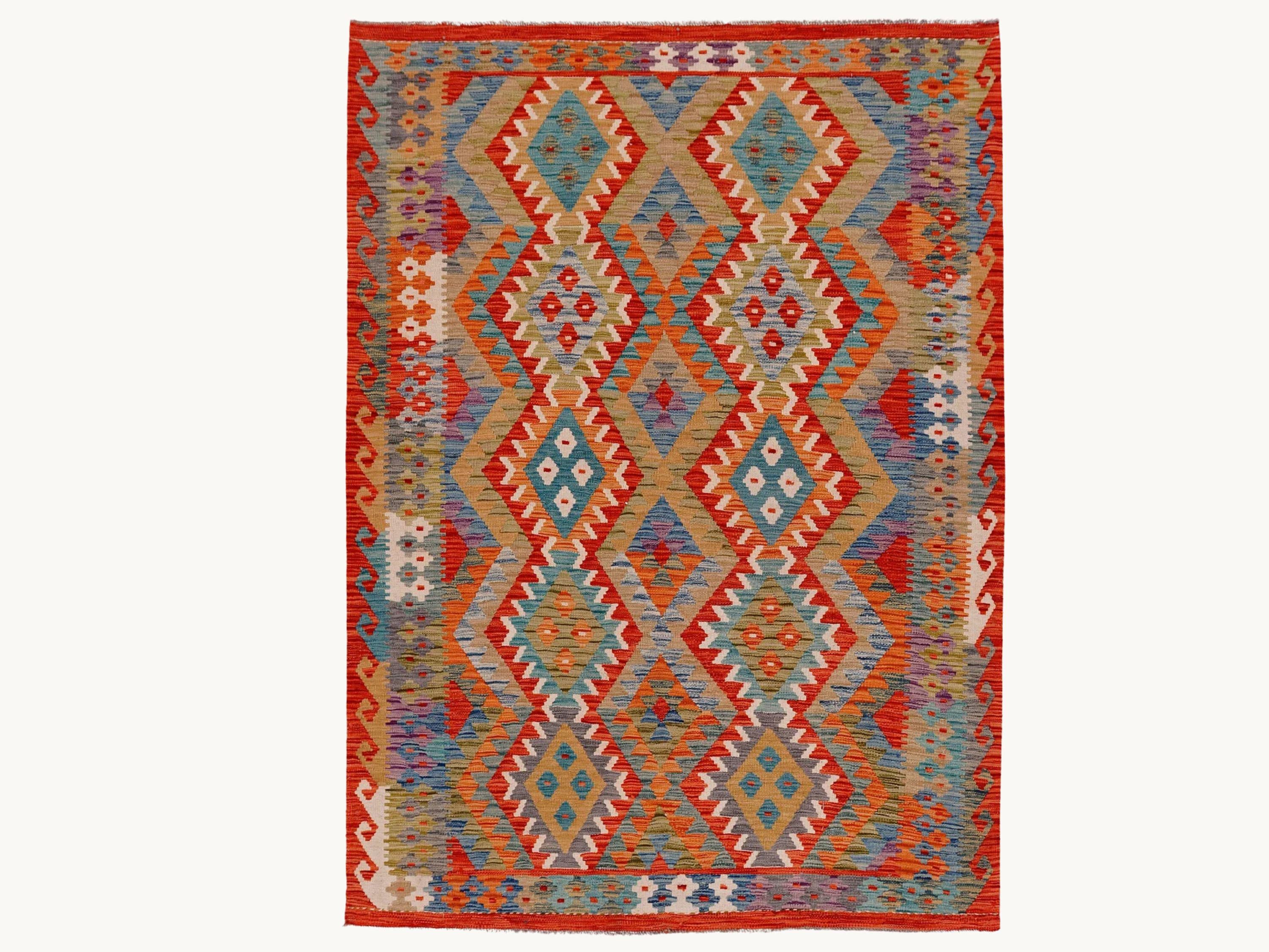 5x7 Kilim Rug, Handwoven Afghan Wool Area Rug, Natural Veggie Dye Multicolor Diamond Bohemian Living Room Bedroom Decor
