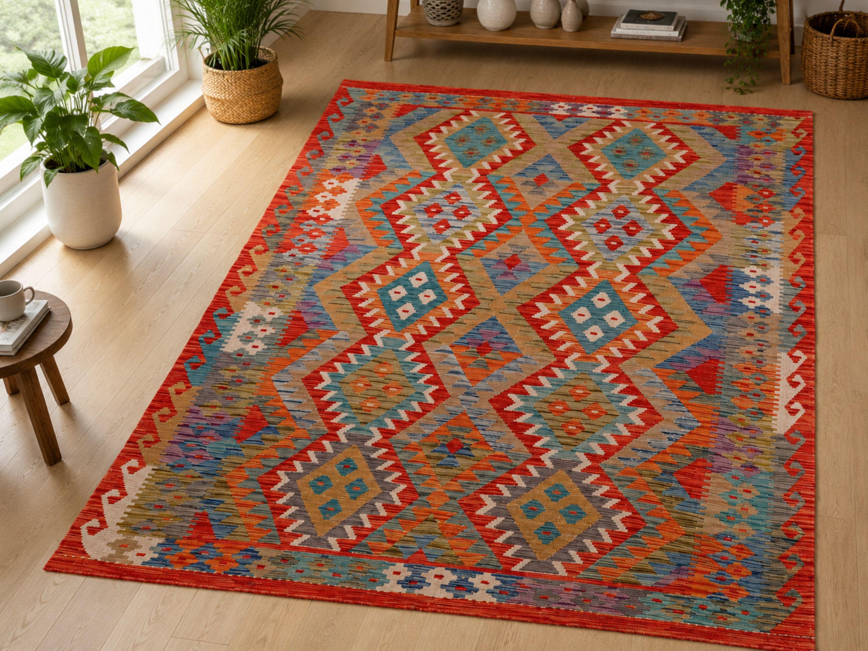5x7 Kilim Rug, Handwoven Afghan Wool Area Rug, Natural Veggie Dye Multicolor Diamond Bohemian Living Room Bedroom Decor