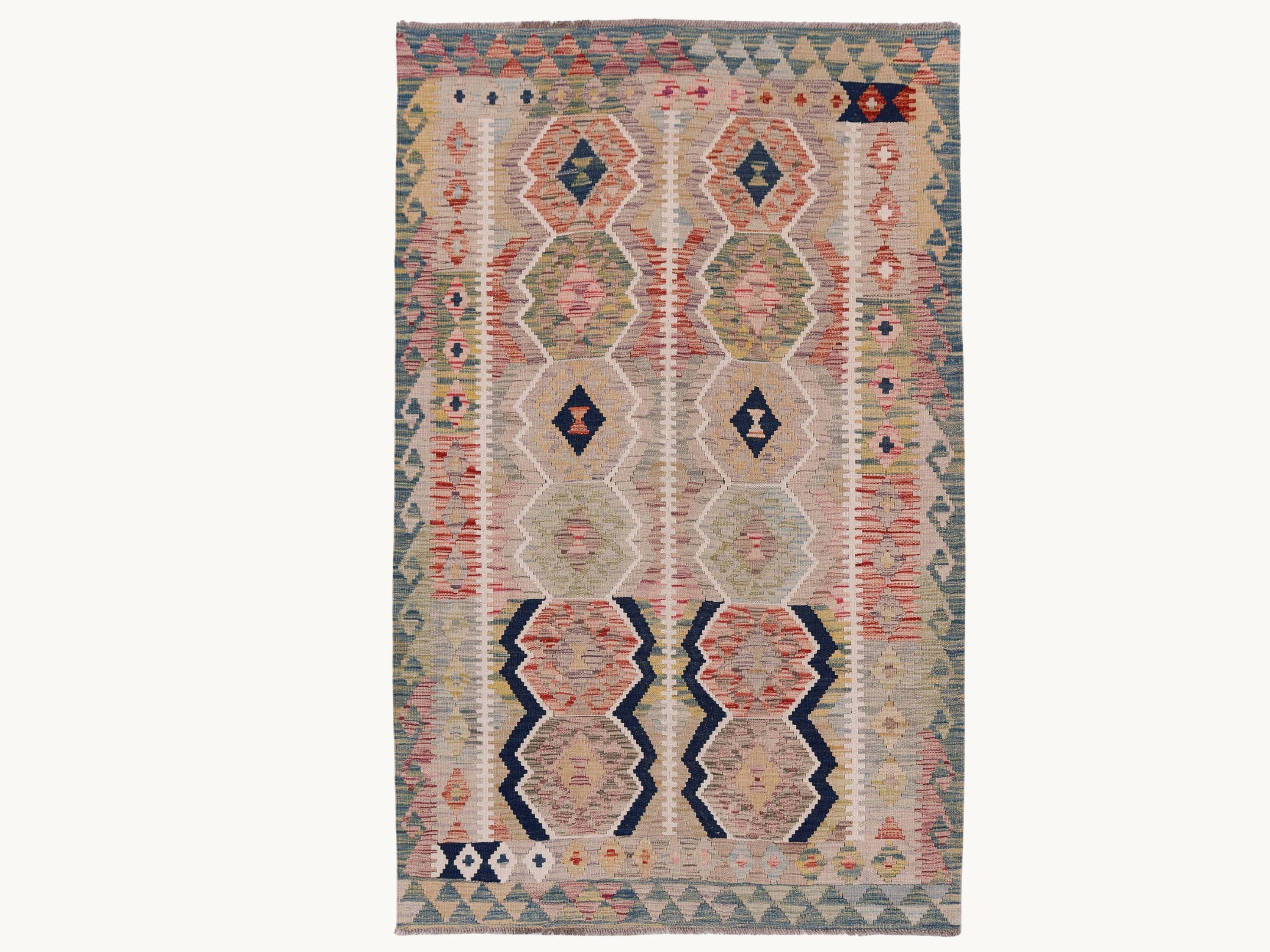 4x6 Kilim Rug, Muted Afghan Wool Flatweave Area Rug, Natural Veggie Dye Sage Green Navy Cream Neutral Bedroom Decor