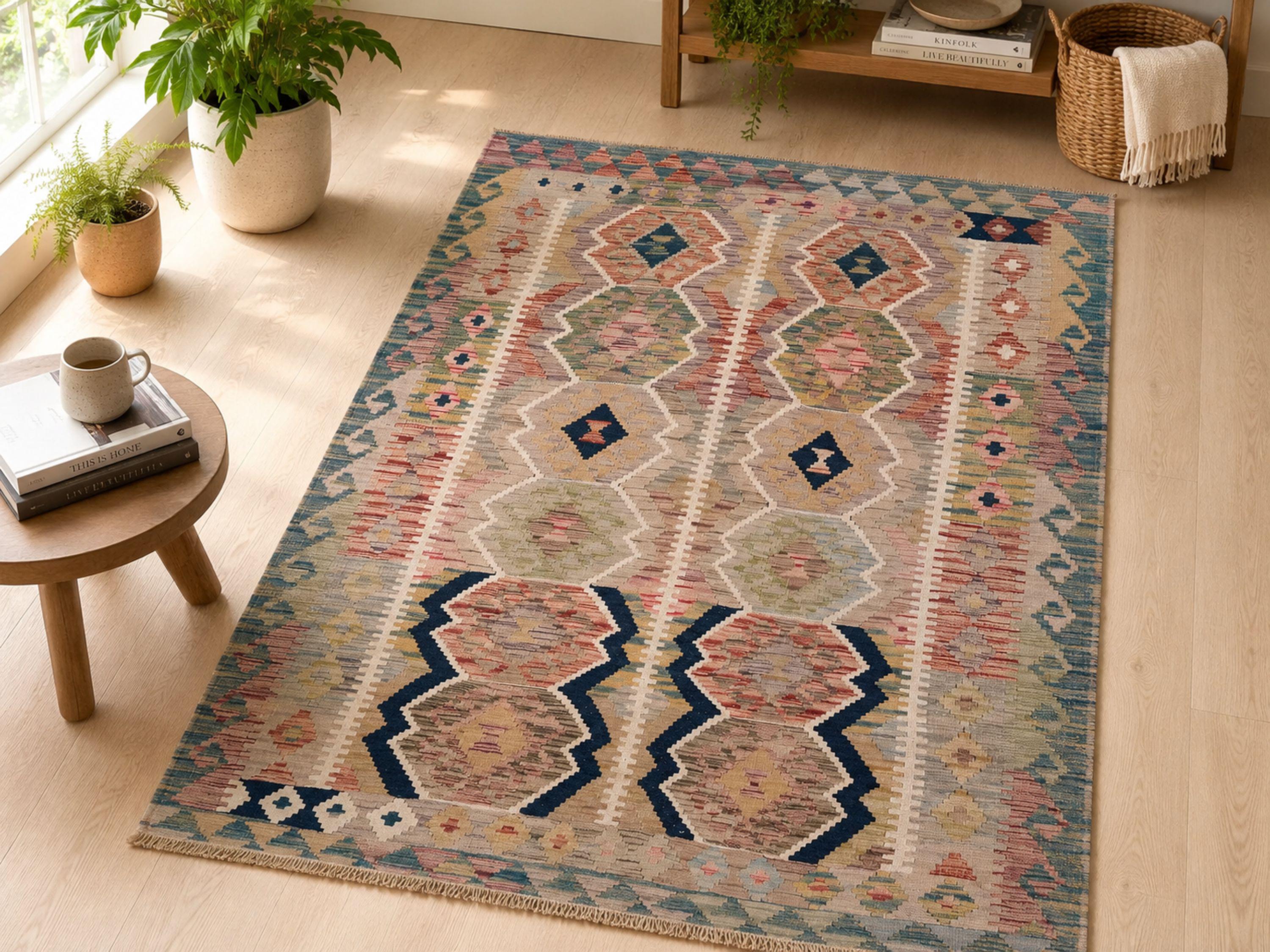 4x6 Kilim Rug, Muted Afghan Wool Flatweave Area Rug, Natural Veggie Dye Sage Green Navy Cream Neutral Bedroom Decor