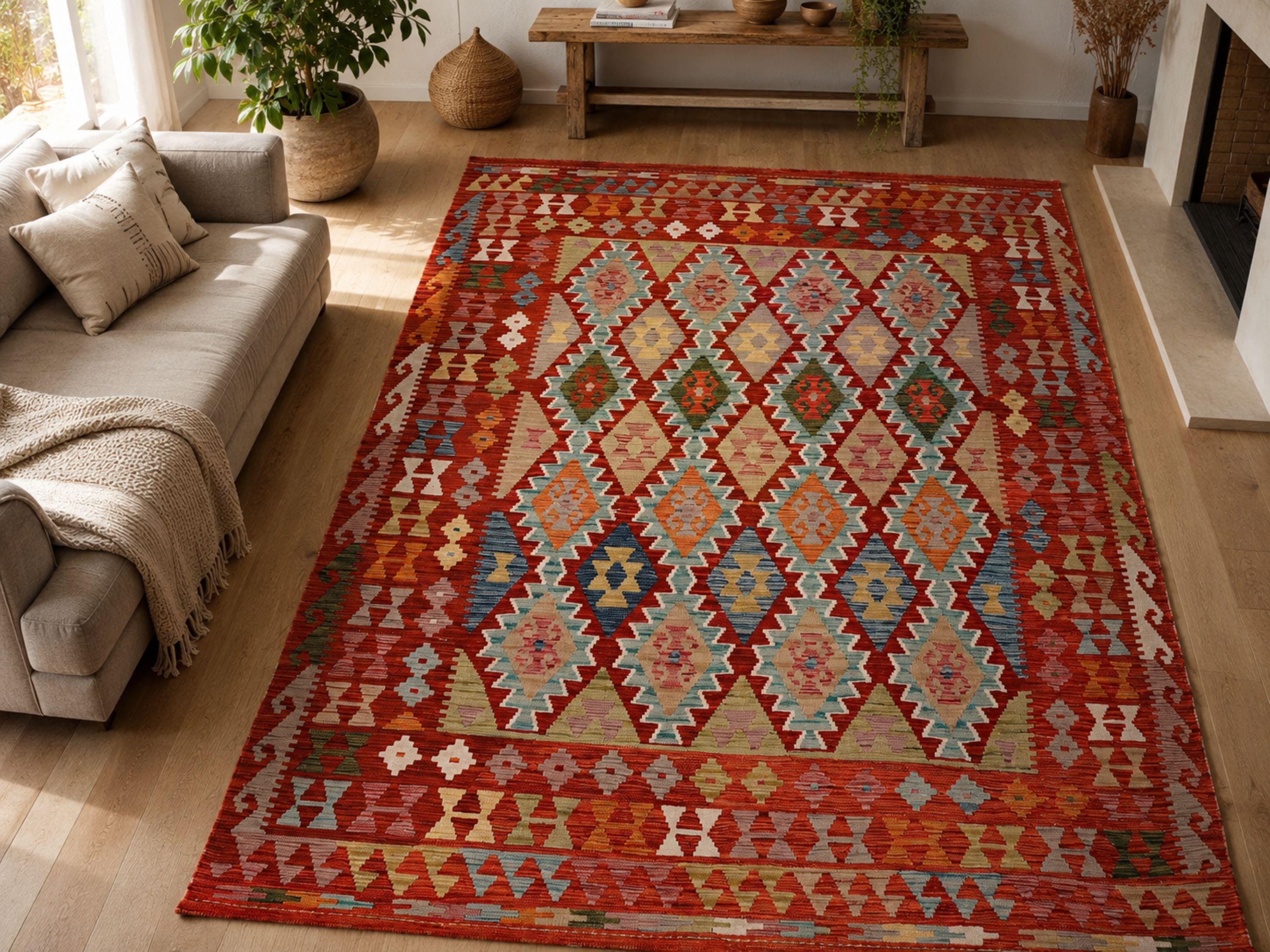 7x9 Kilim Rug, Large Red Afghan Wool Area Rug, Handwoven Southwestern Tribal Diamond Living Room Dining Decor