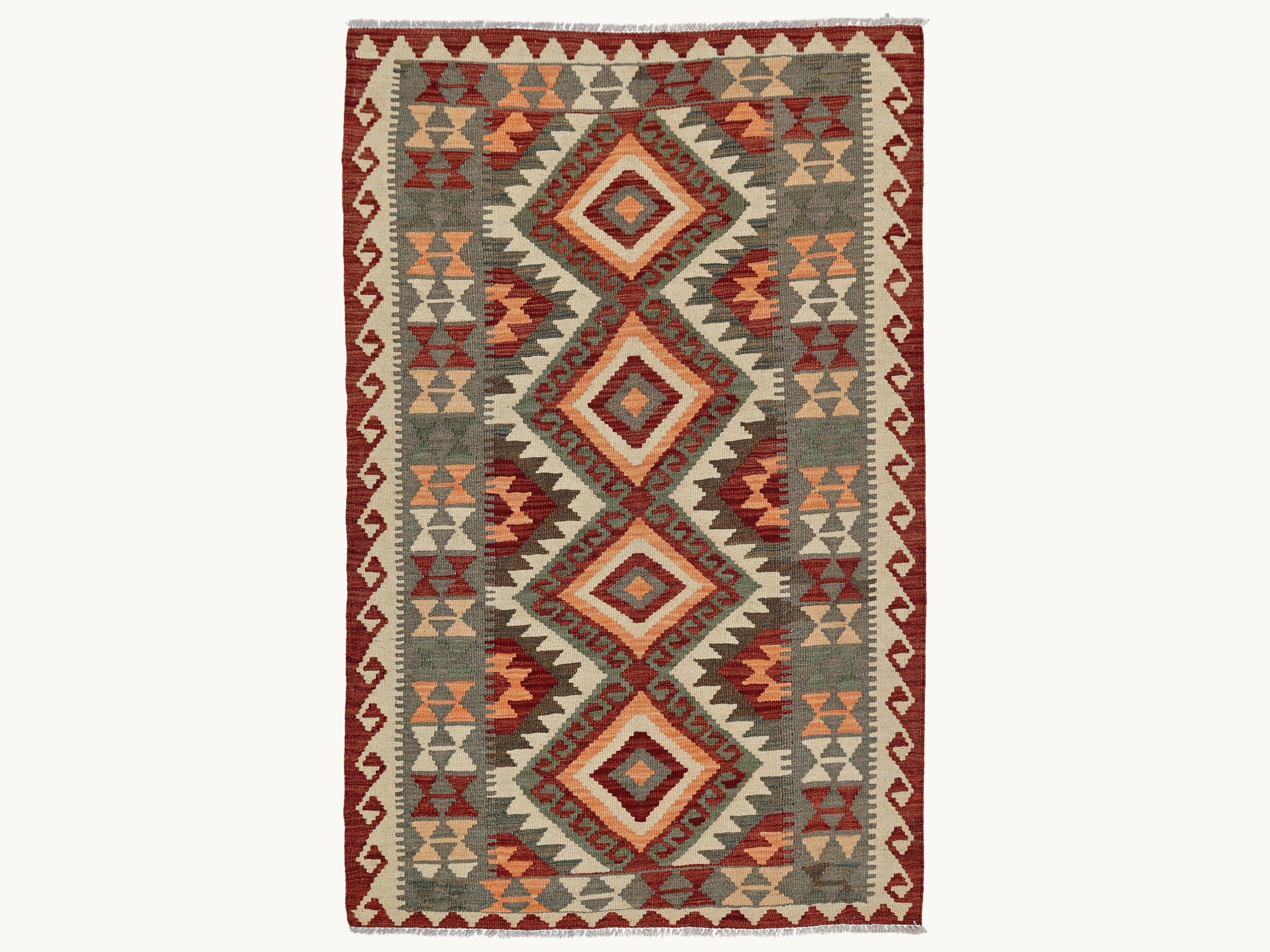3x5 Kilim Rug, Olive Green Afghan Wool Flatweave Rug, Handwoven Veggie Dye Red Southwestern Diamond Bedroom Decor