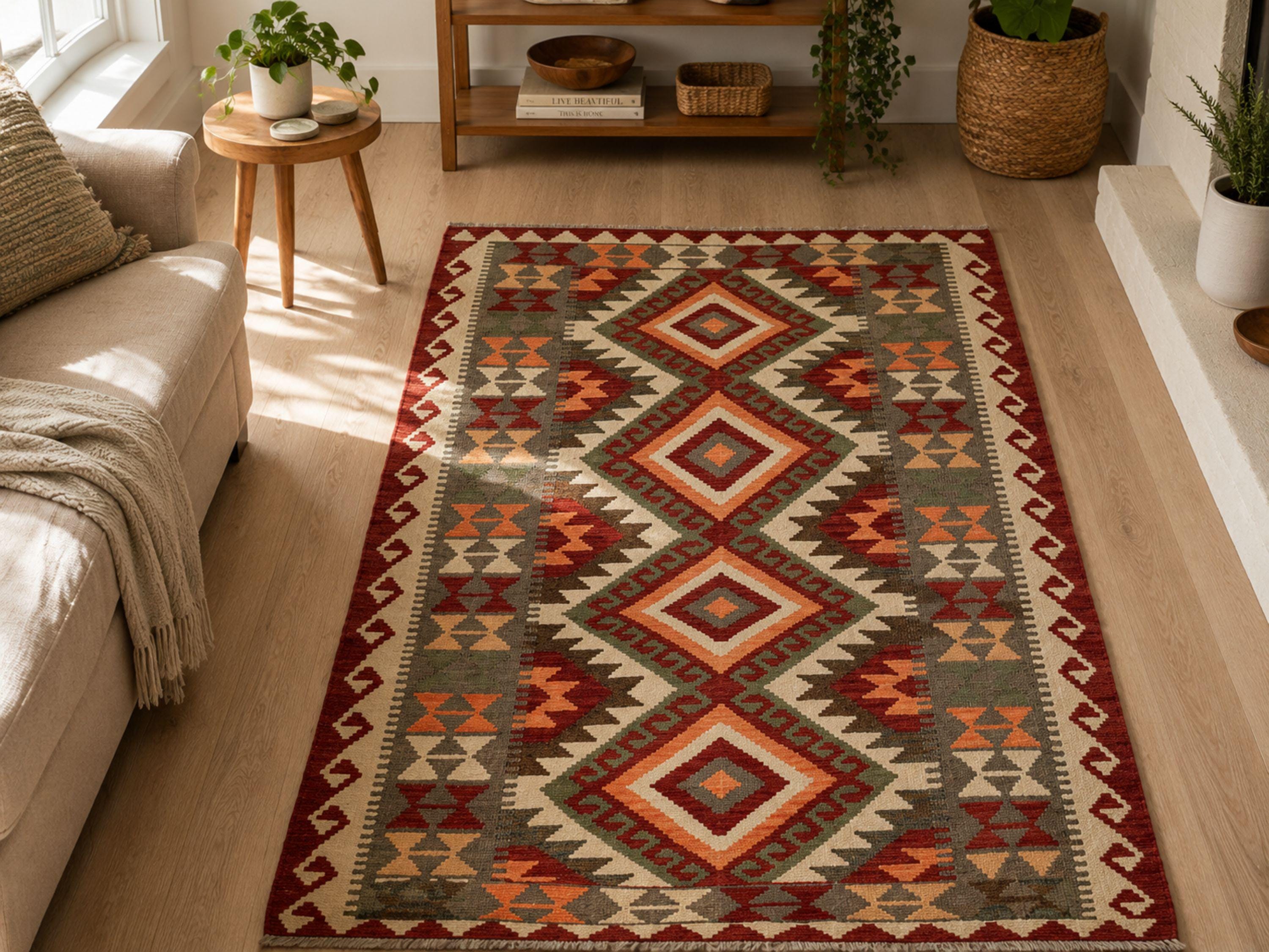 3x5 Kilim Rug, Olive Green Afghan Wool Flatweave Rug, Handwoven Veggie Dye Red Southwestern Diamond Bedroom Decor