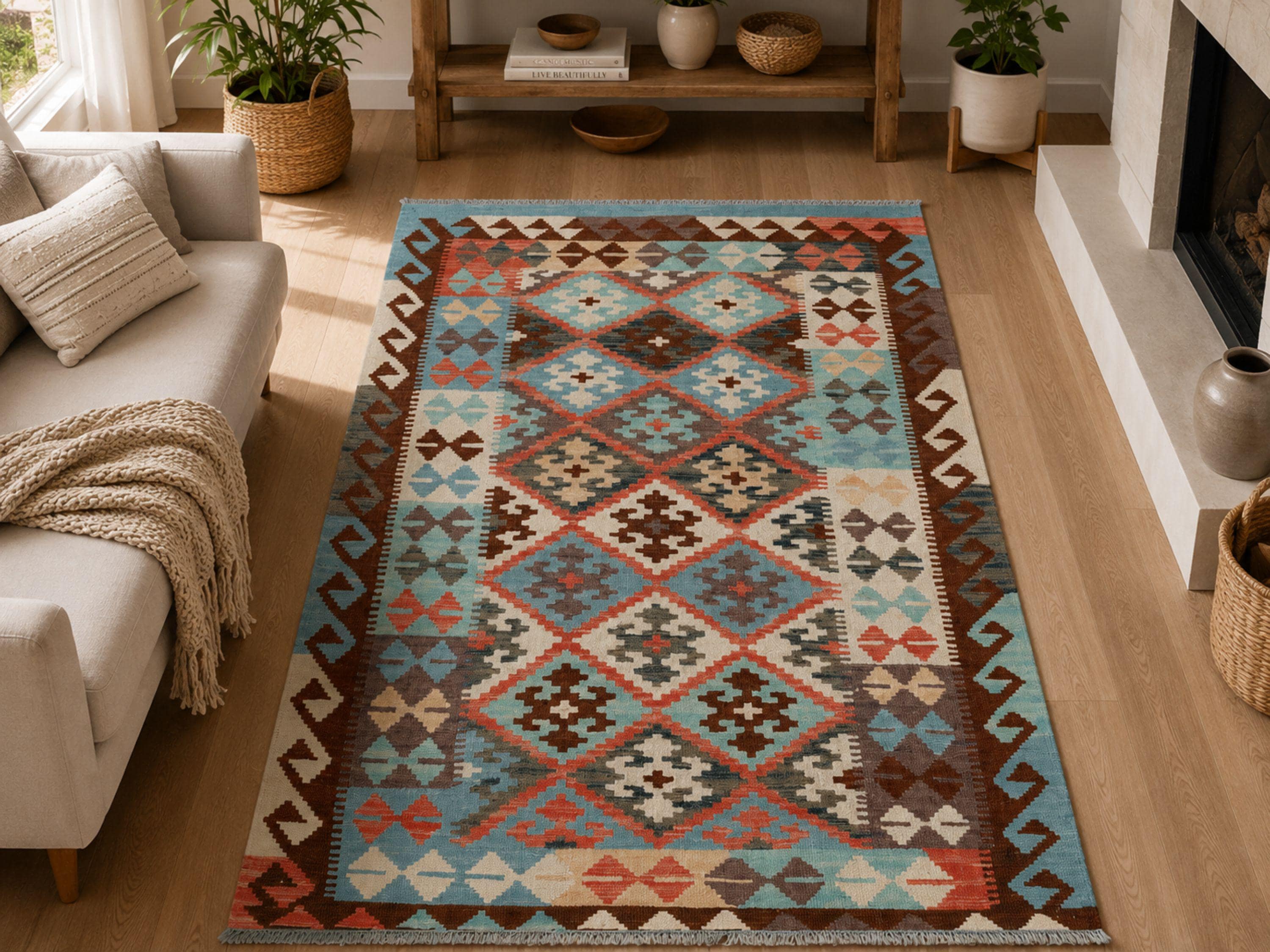 3x5 Kilim Rug, Blue Teal Afghan Wool Flatweave Rug, Handwoven Veggie Dye Coral Cream Diamond Bedroom Living Room Decor