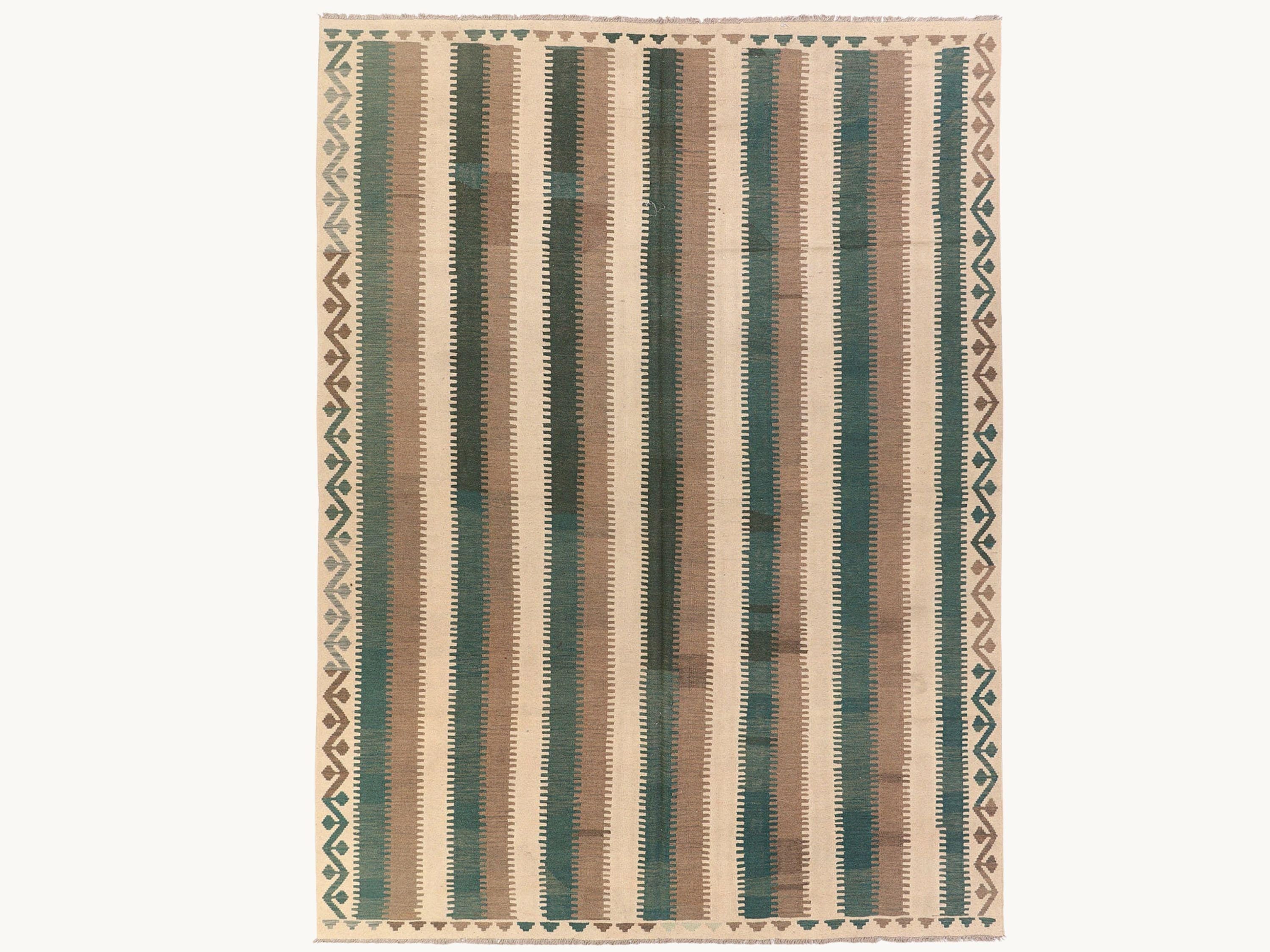 9x12 Flatweave Kilim Rug, Sage Green Striped Afghan Wool Area Rug, Handwoven Veggie Dye Neutral Living Room Decor