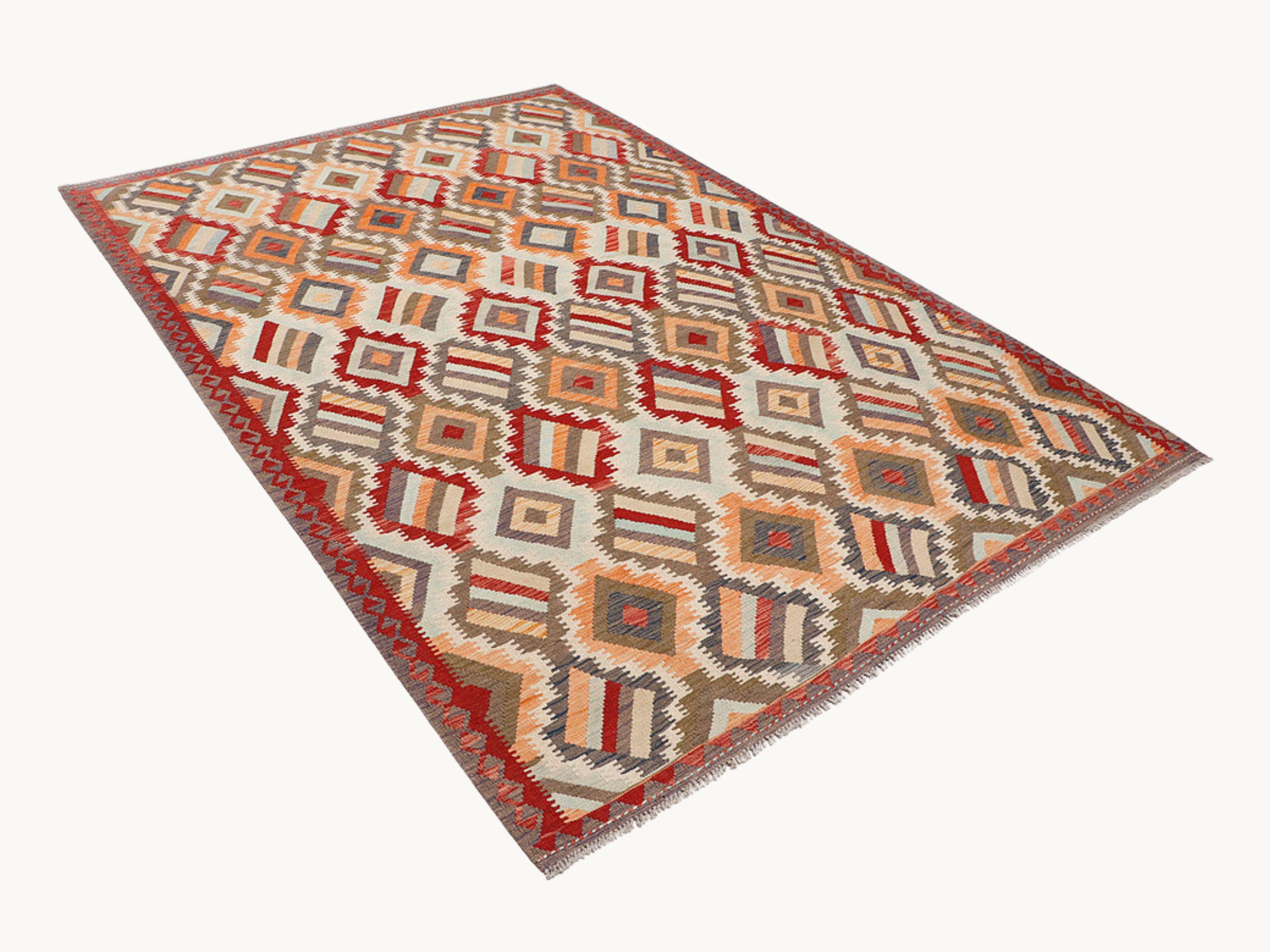 6.6x10 Kilim Rug, Large Cream Ivory Afghan Wool Flatweave Area Rug, Handwoven Veggie Dye Red Diamond Living Room Decor