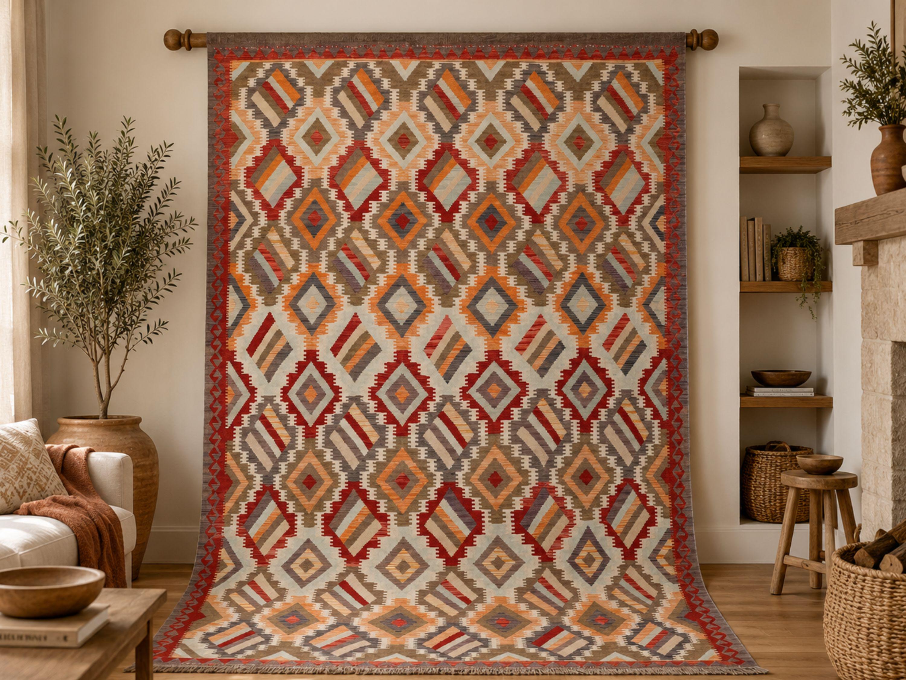 6.6x10 Kilim Rug, Large Cream Ivory Afghan Wool Flatweave Area Rug, Handwoven Veggie Dye Red Diamond Living Room Decor