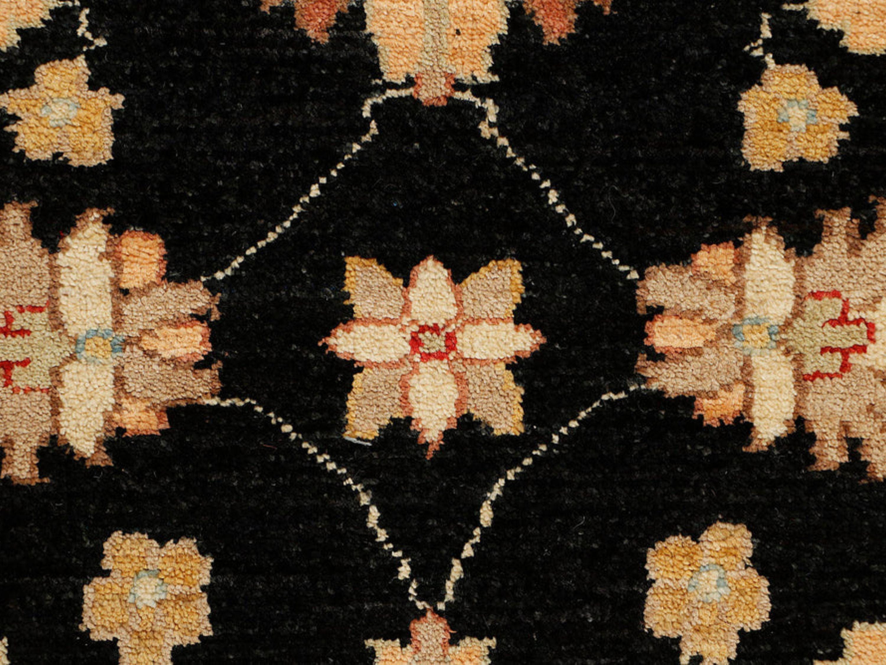 3x8 Ziegler Runner Rug, Black Persian Style Floral Wool Carpet, Hand Knotted Hallway Entryway Decor