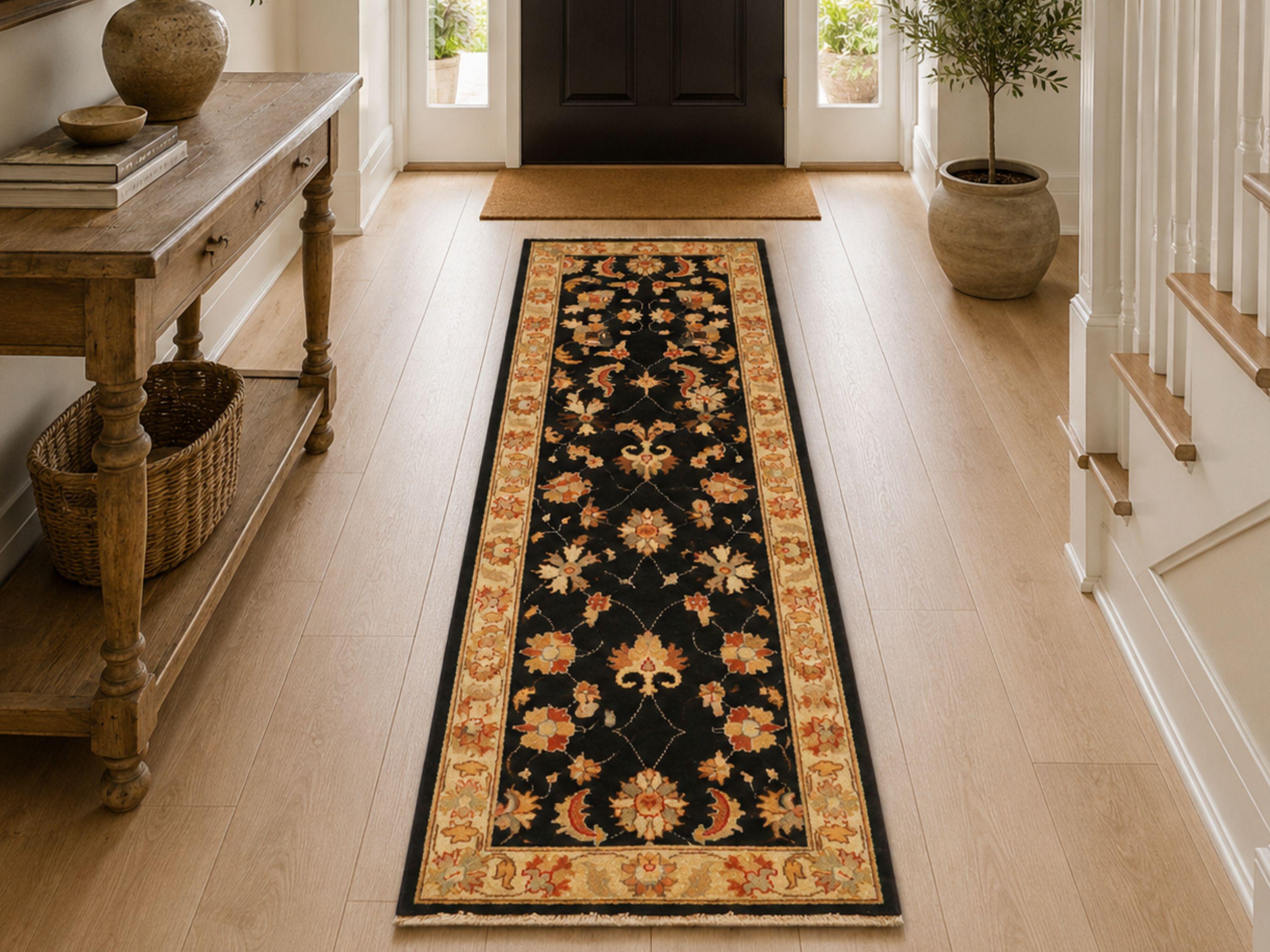 3x8 Ziegler Runner Rug, Black Persian Style Floral Wool Carpet, Hand Knotted Hallway Entryway Decor