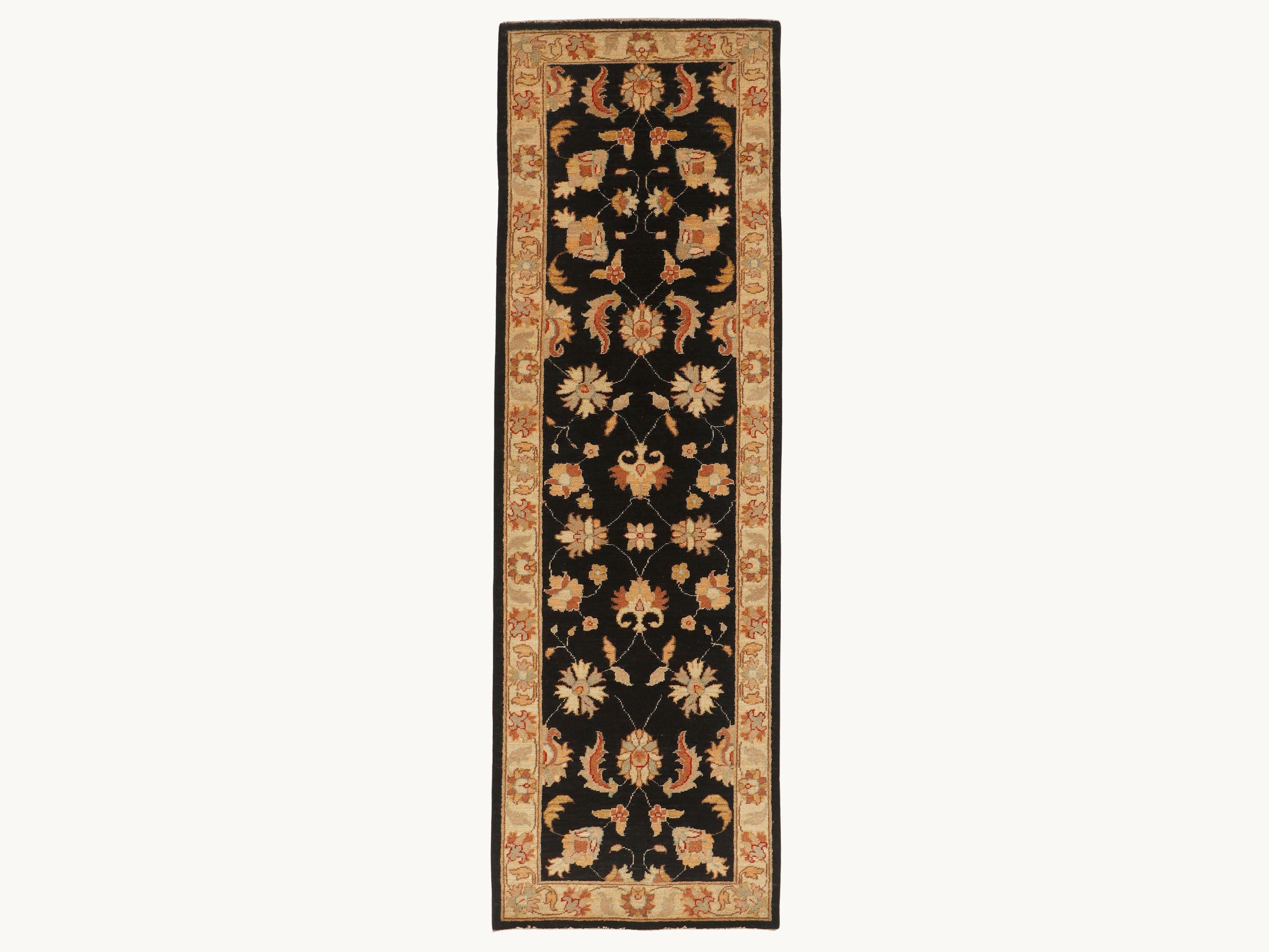 3x8 Ziegler Runner Rug, Black Persian Style Floral Wool Carpet, Hand Knotted Hallway Entryway Decor