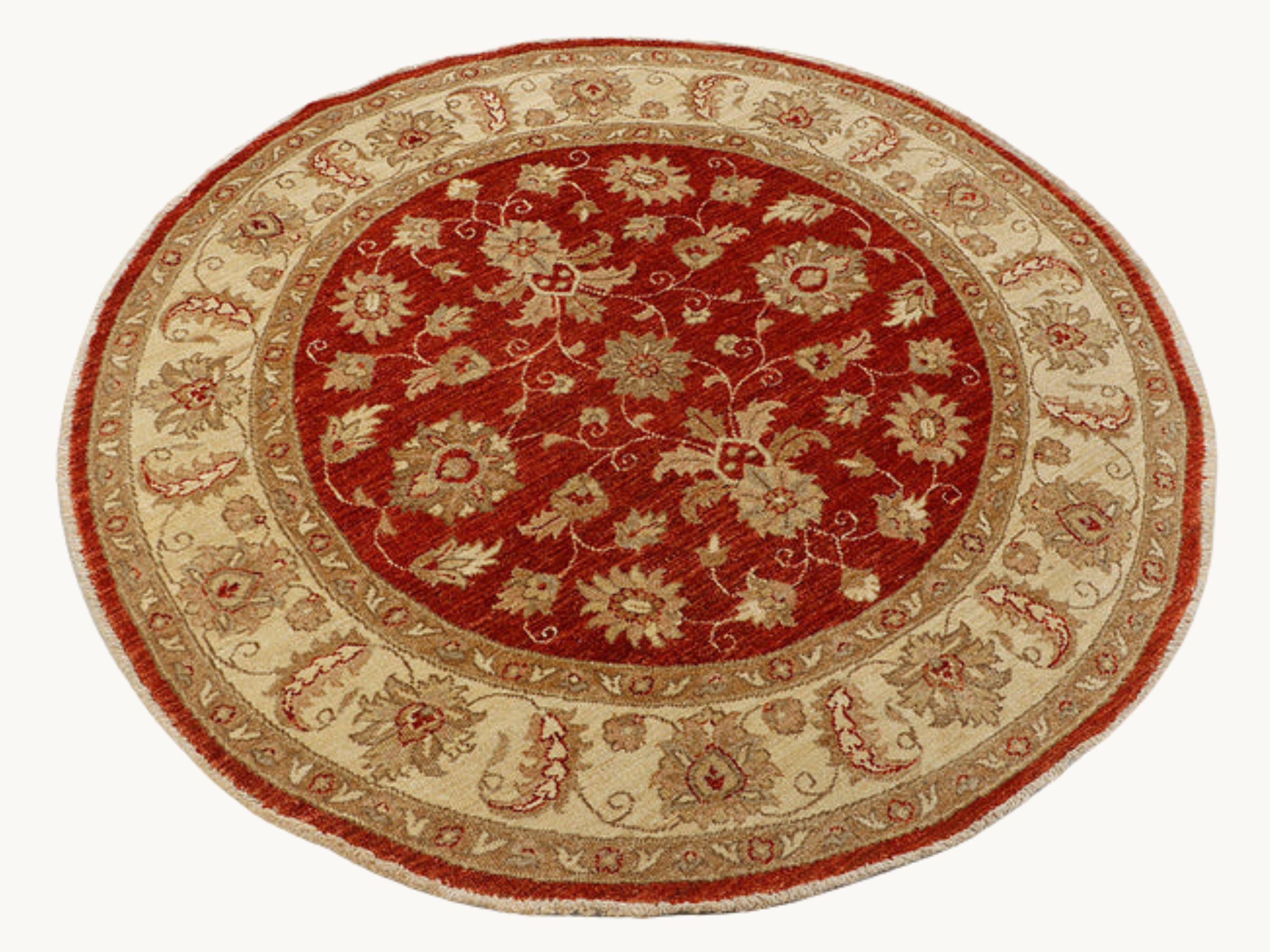 5x5 Ziegler round Rug, Red Persian Style Medallion Wool Carpet, Hand Knotted Traditional Floral Decor