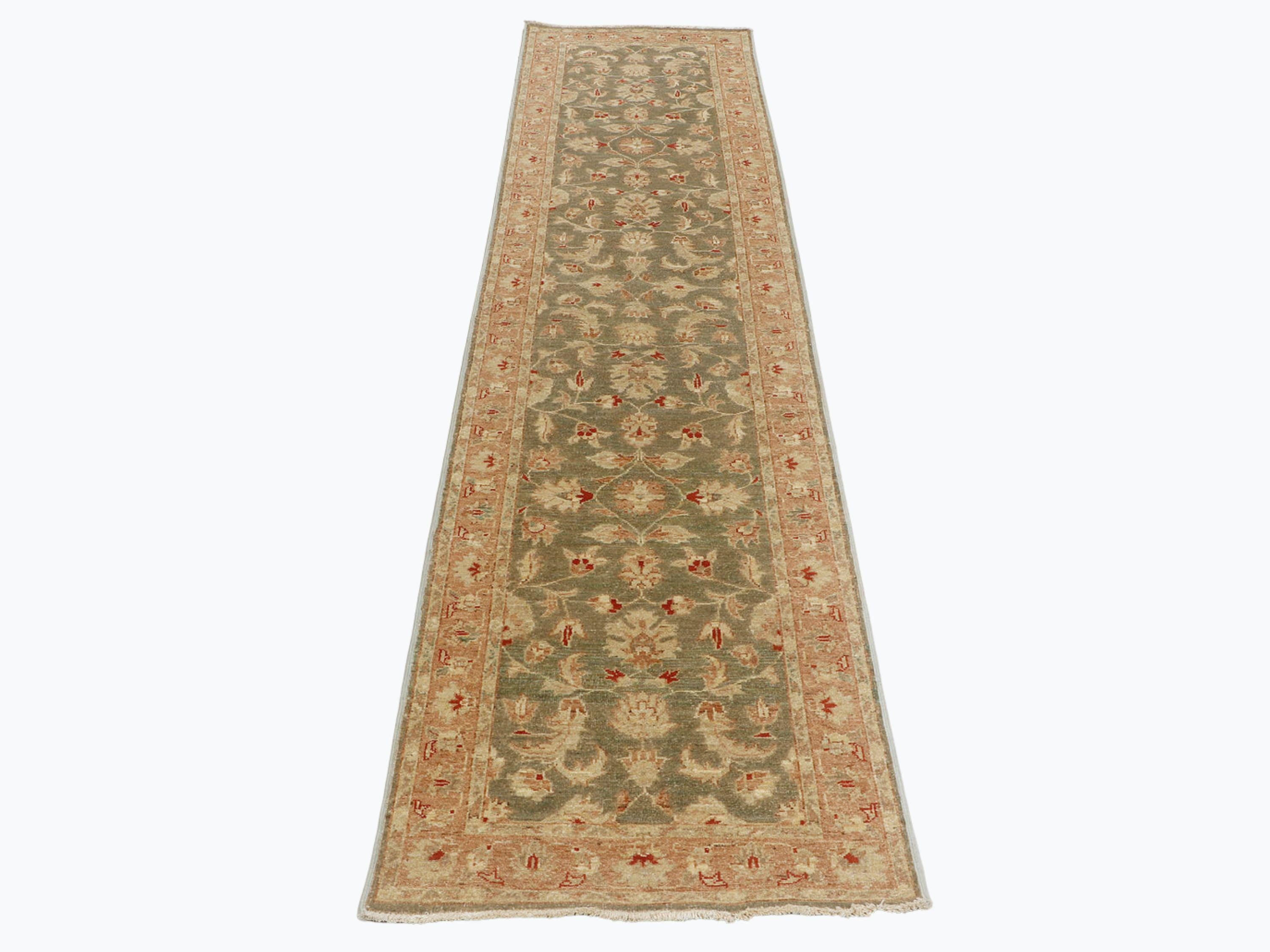 2.6x10.6 Olive Green Ziegler Runner Rug, Persian Style Floral Wool Carpet, Hand Knotted Corridor Living Room Decor